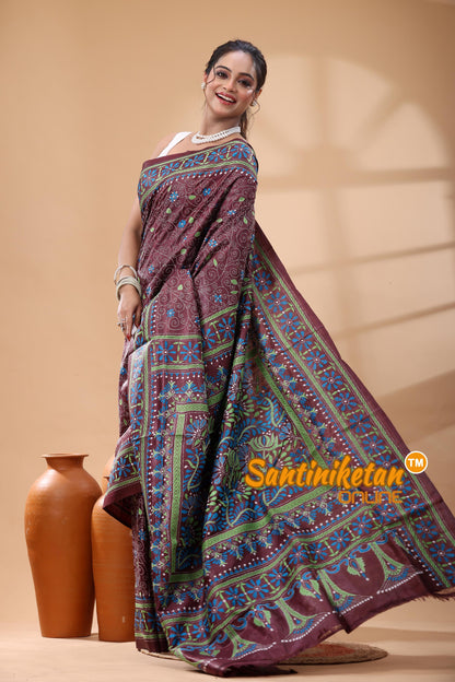 Pure Gachi Dye Tussar Silk Kantha Stitch Saree