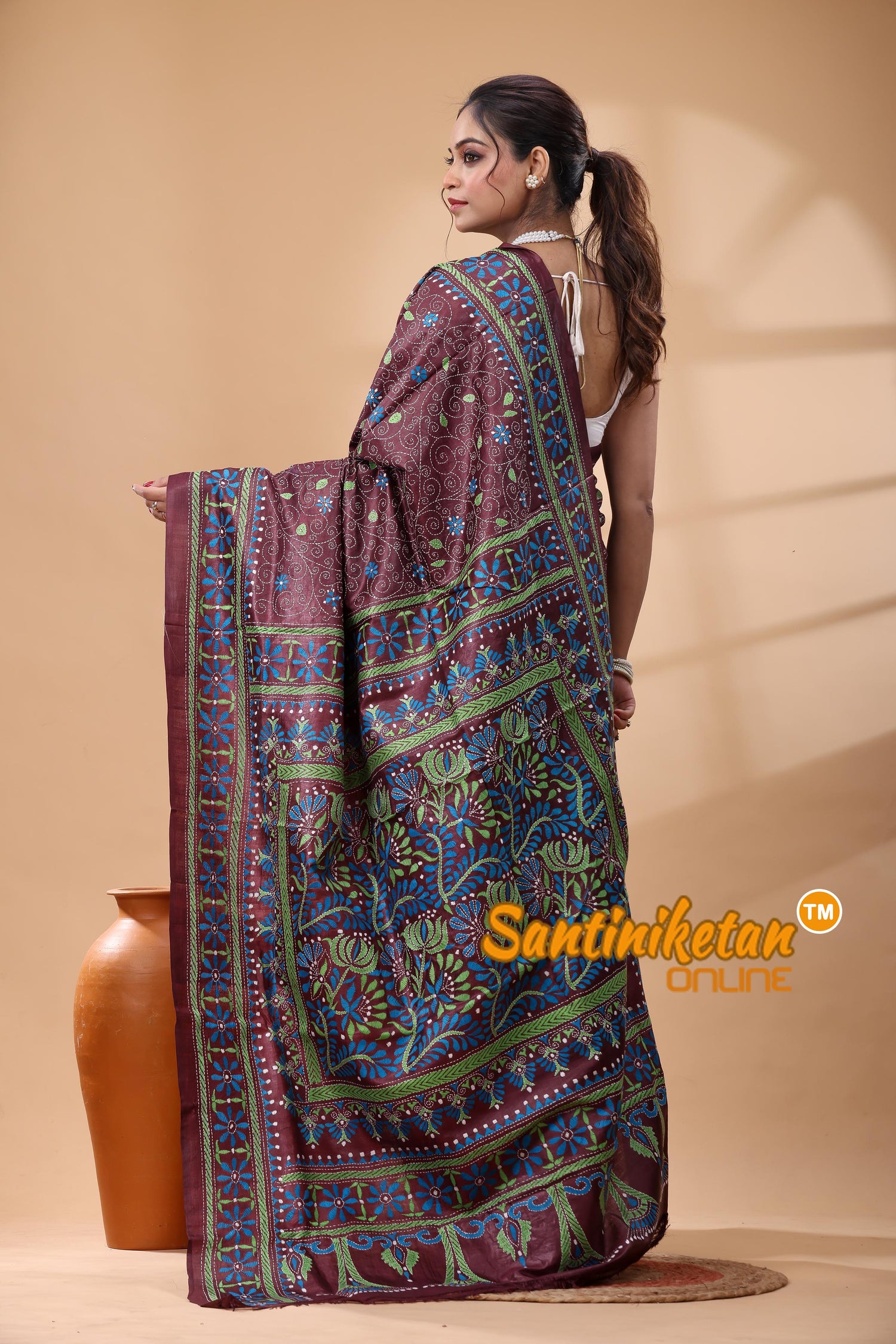 Pure Gachi Dye Tussar Silk Kantha Stitch Saree