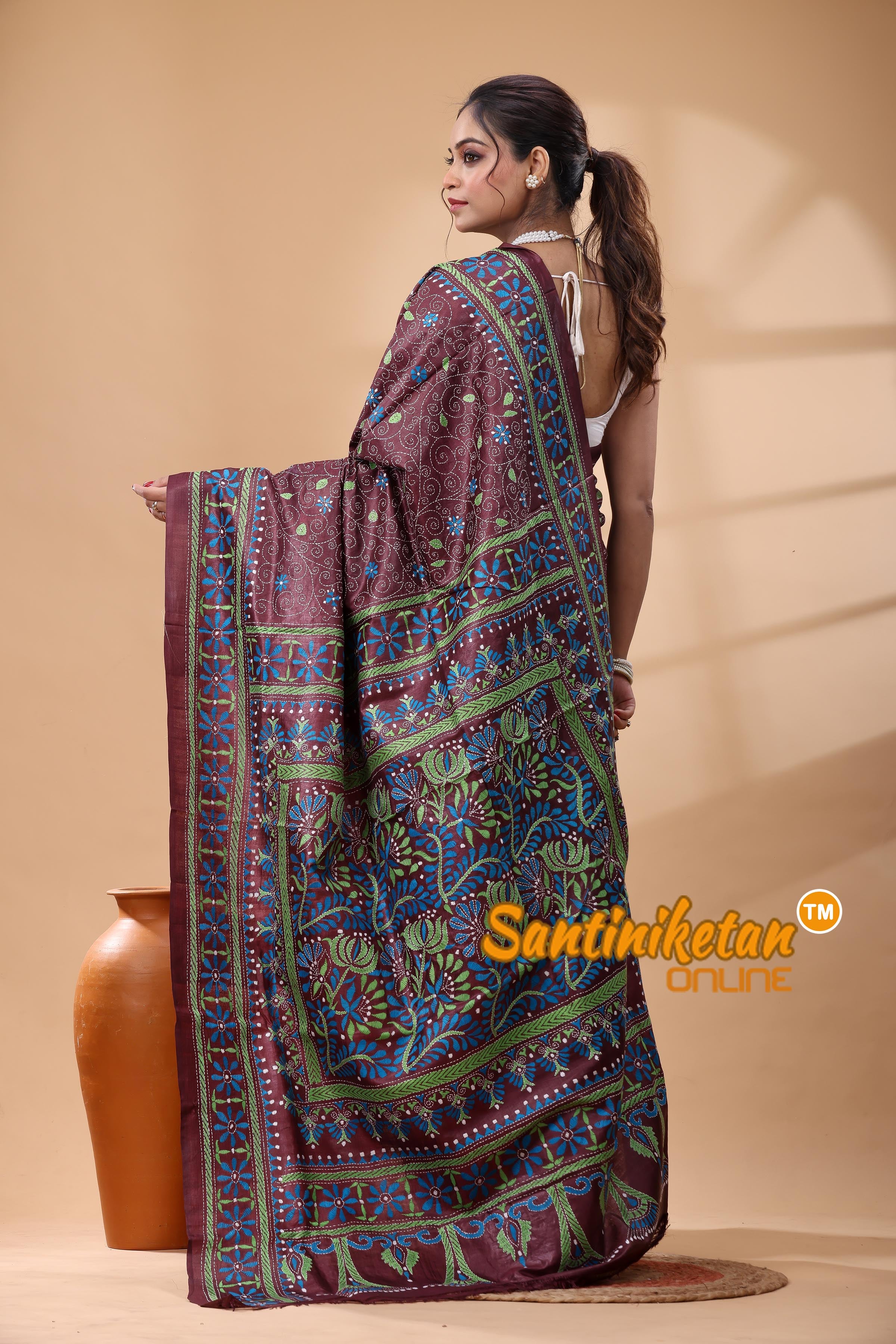 Pure Gachi Dye Tussar Silk Kantha Stitch Saree
