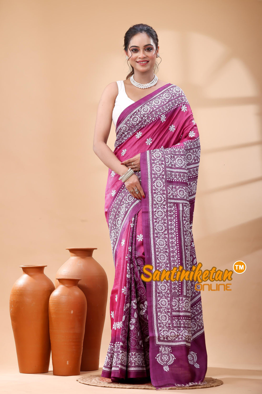 Pure Gachi Dye Tussar Silk Kantha Stitch Saree