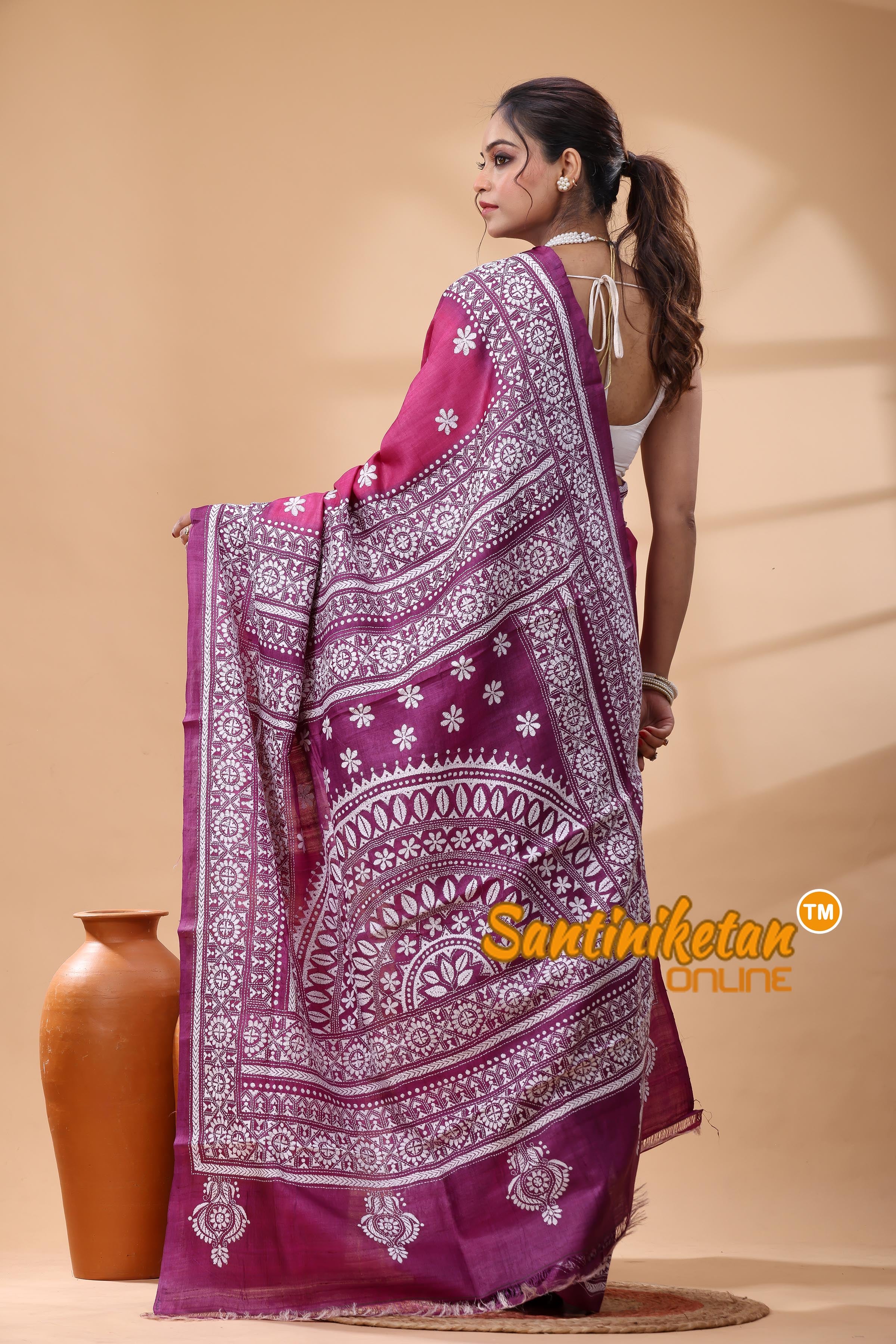 Pure Gachi Dye Tussar Silk Kantha Stitch Saree