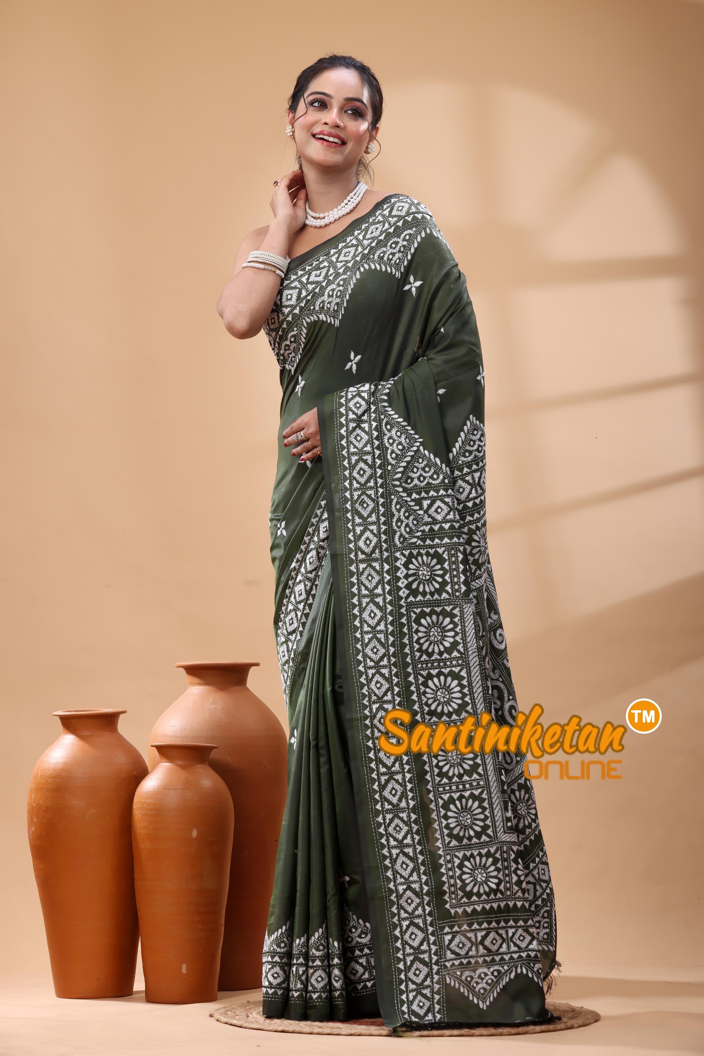Bangalore Silk Kantha Stitch Saree