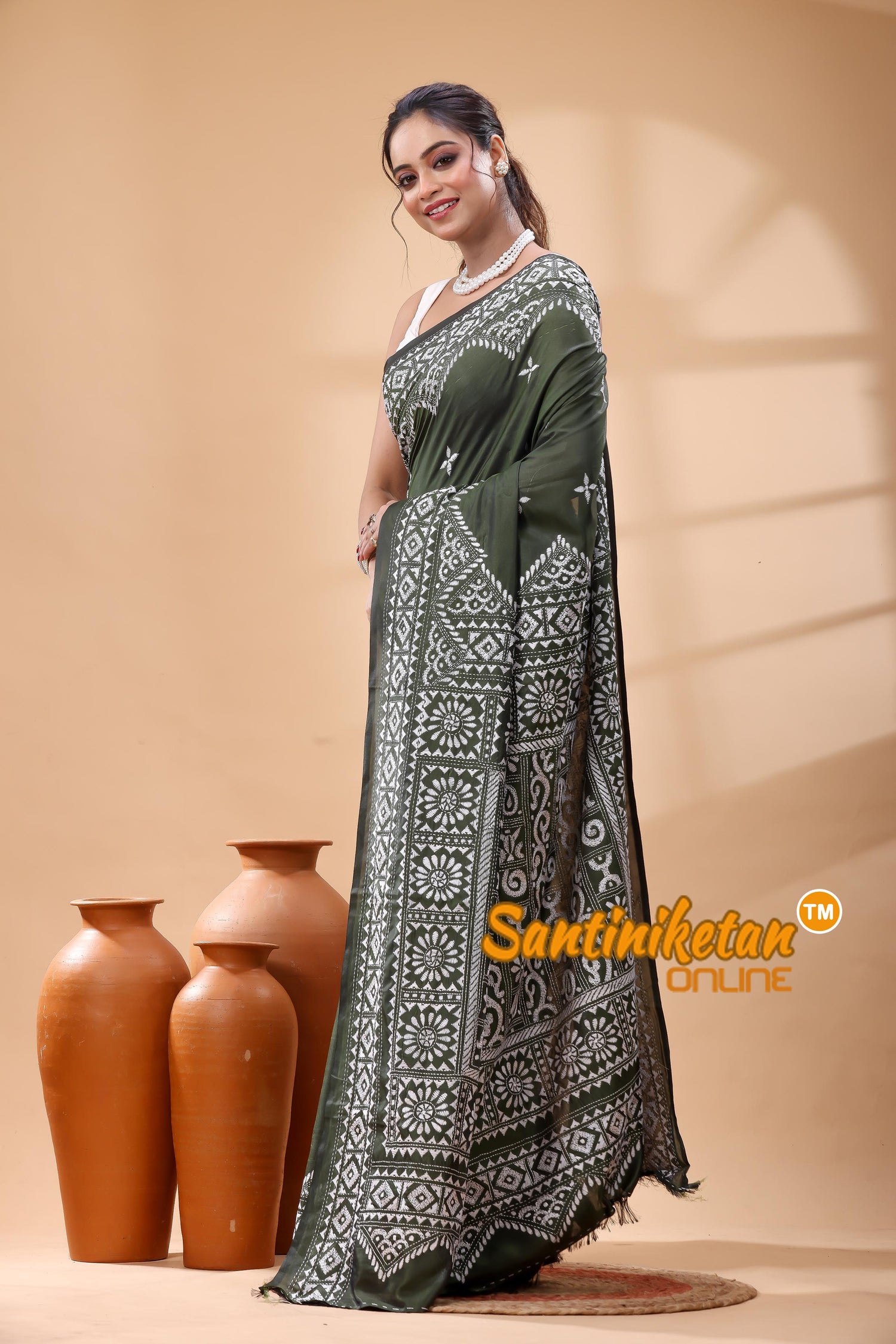 Bangalore Silk Kantha Stitch Saree