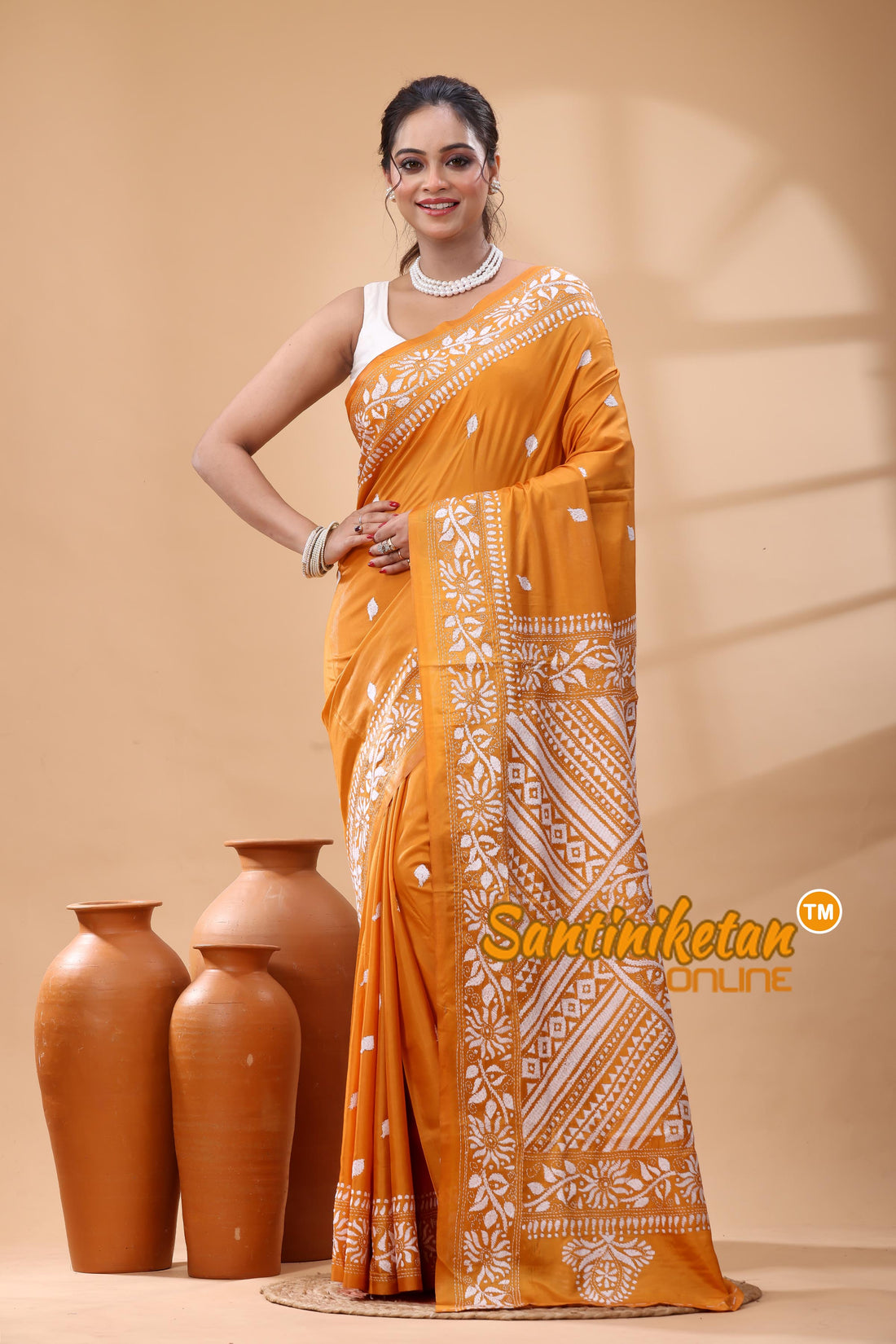 Bangalore Silk Kantha Stitch Saree