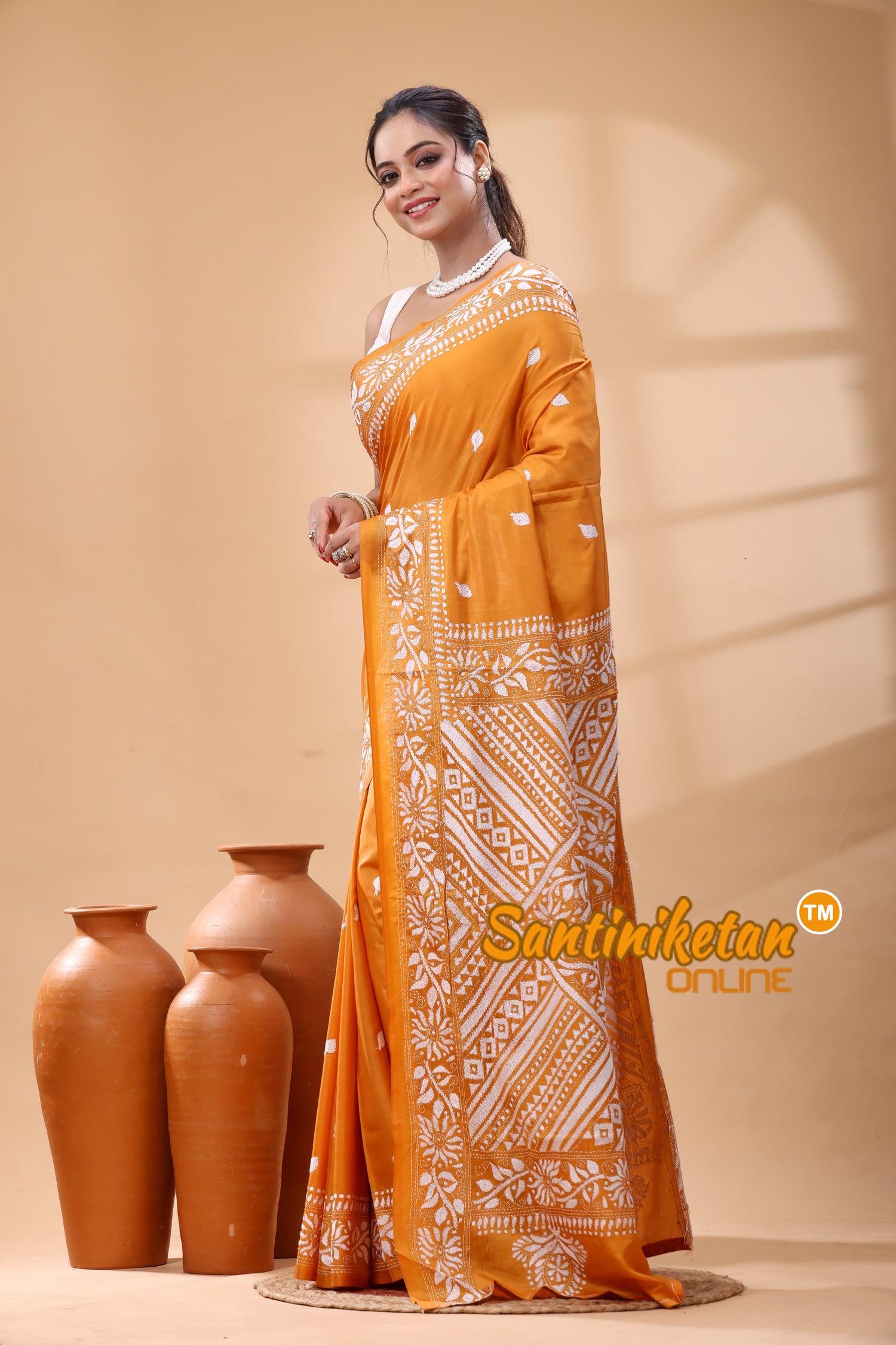 Bangalore Silk Kantha Stitch Saree