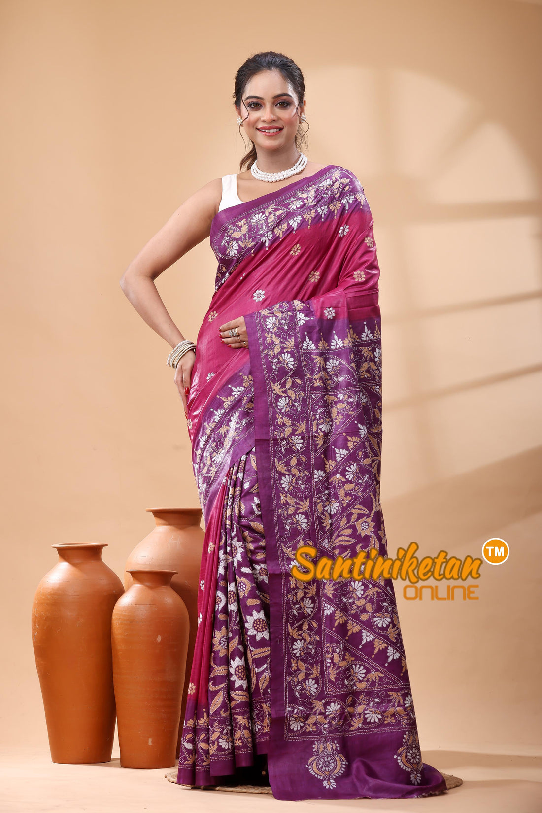 Pure Gachi Dye Tussar Silk Kantha Stitch Saree