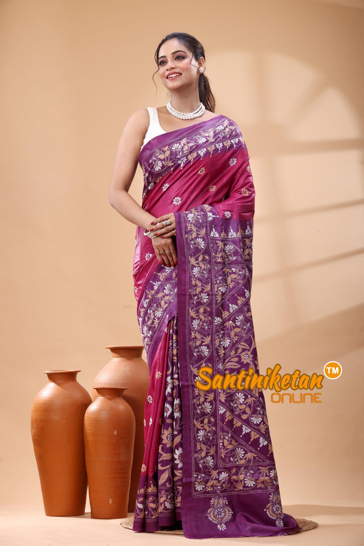 Pure Gachi Dye Tussar Silk Kantha Stitch Saree