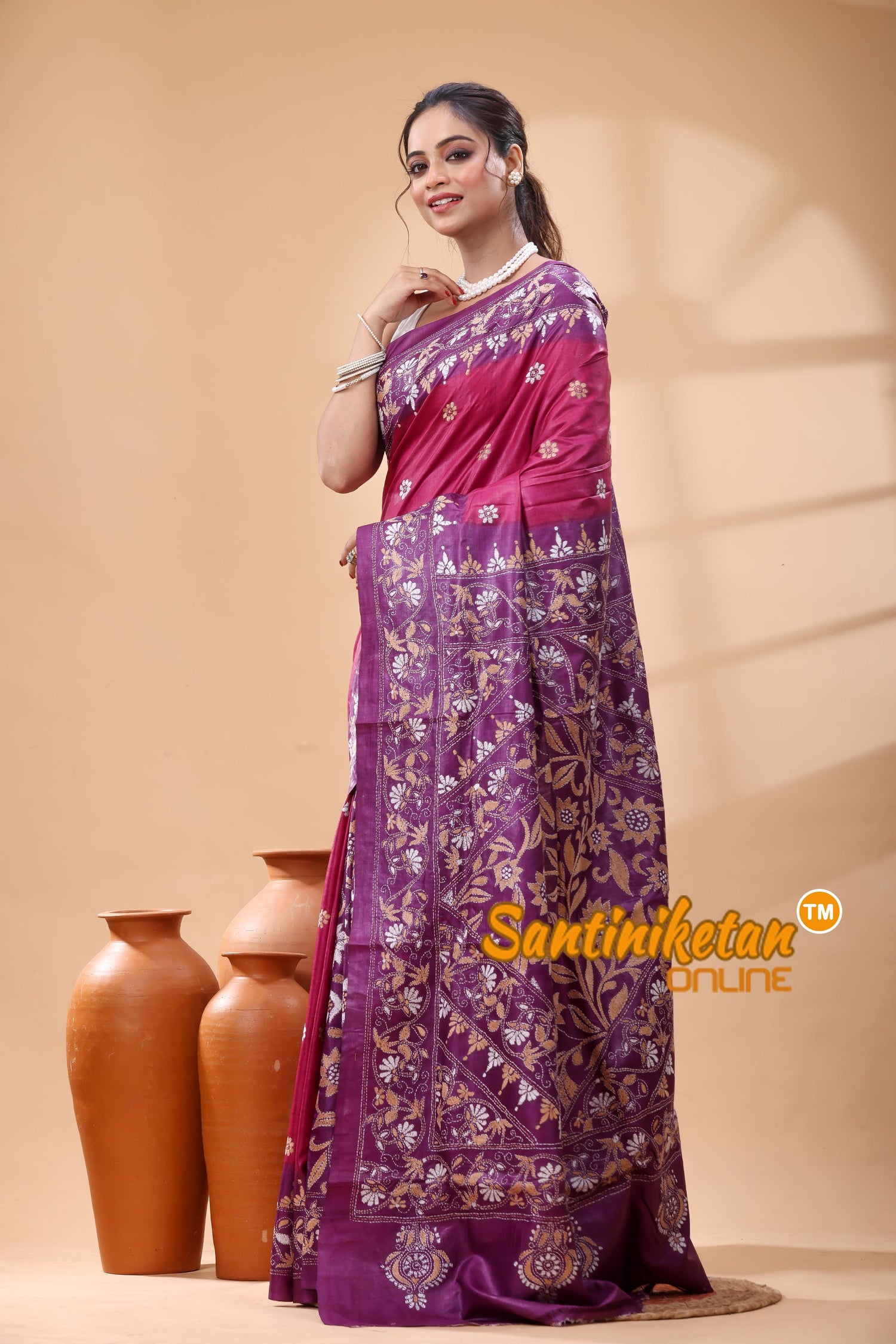Pure Gachi Dye Tussar Silk Kantha Stitch Saree