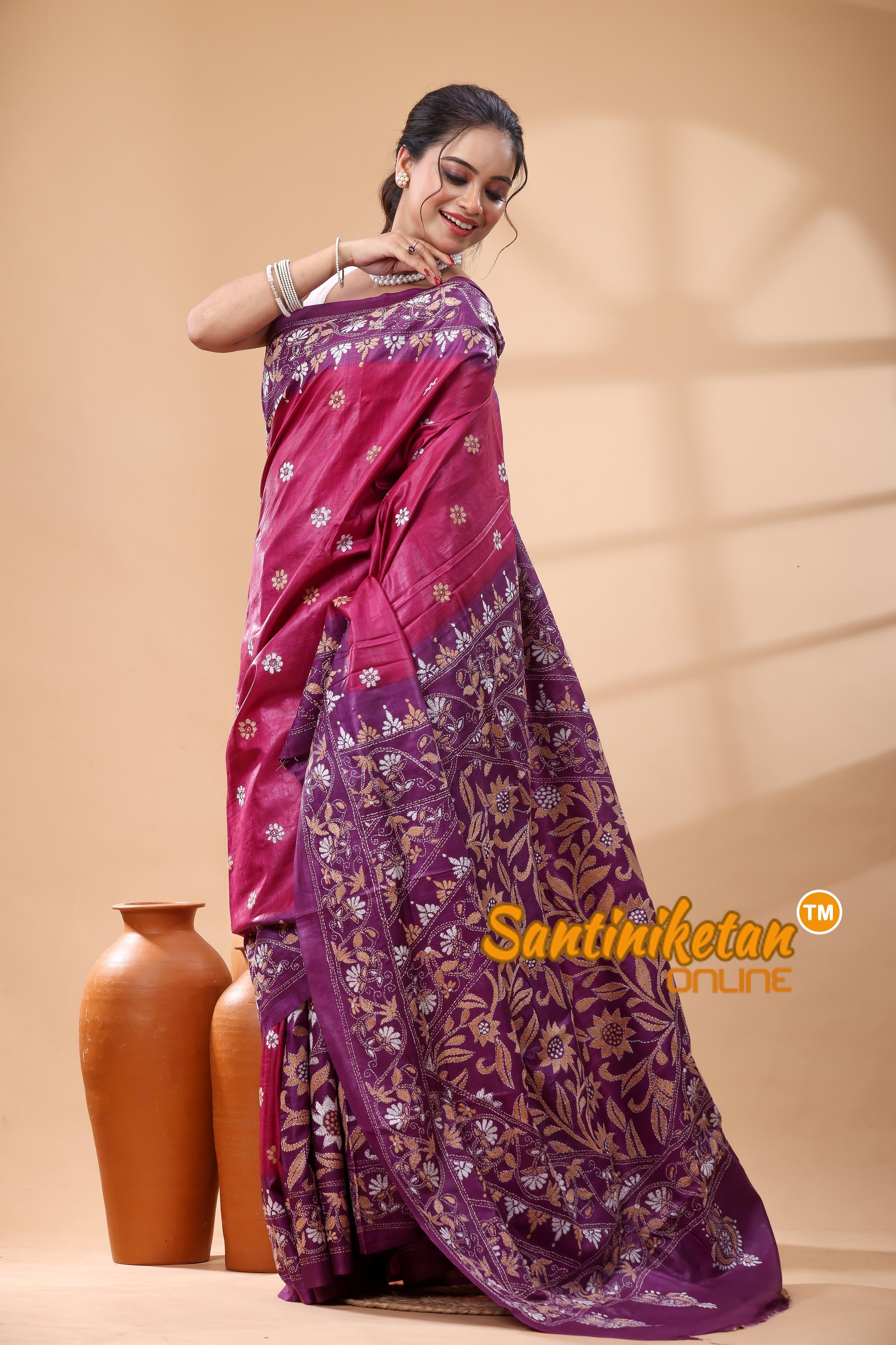 Pure Gachi Dye Tussar Silk Kantha Stitch Saree