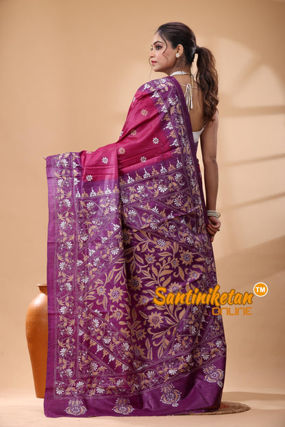 Pure Gachi Dye Tussar Silk Kantha Stitch Saree