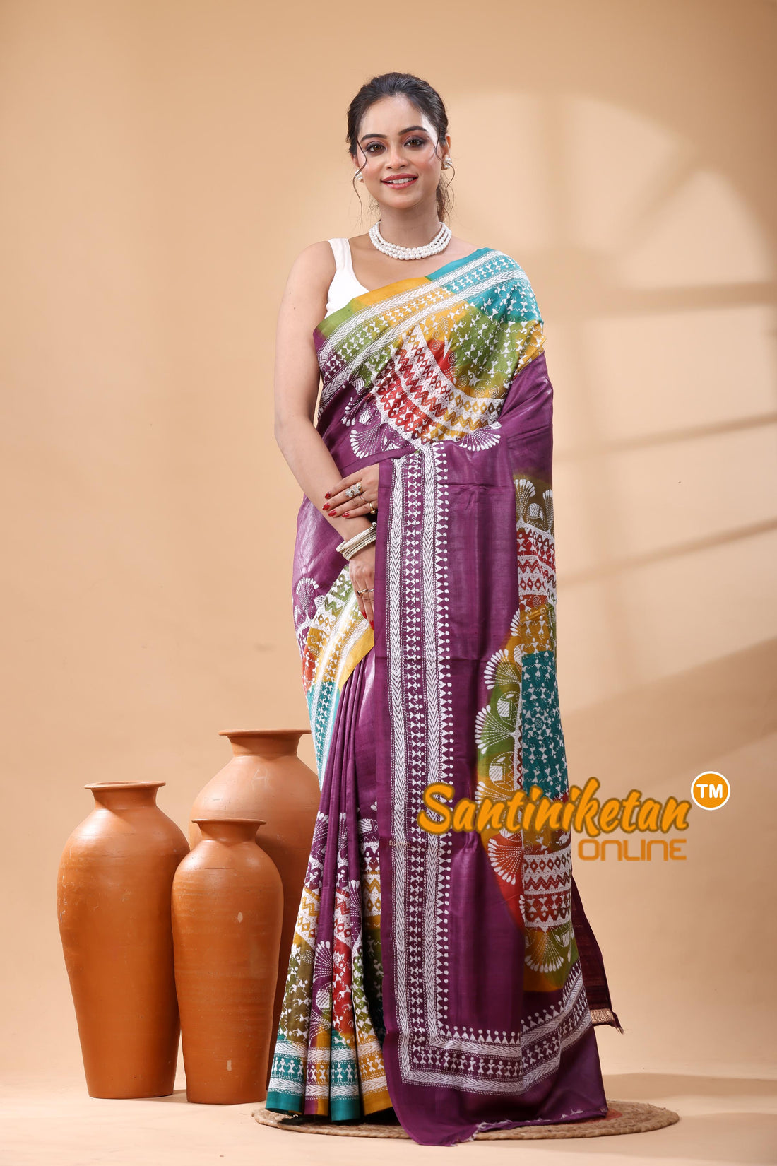 Pure Gachi Dye Tussar Silk Kantha Stitch Saree