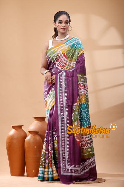 Pure Gachi Dye Tussar Silk Kantha Stitch Saree