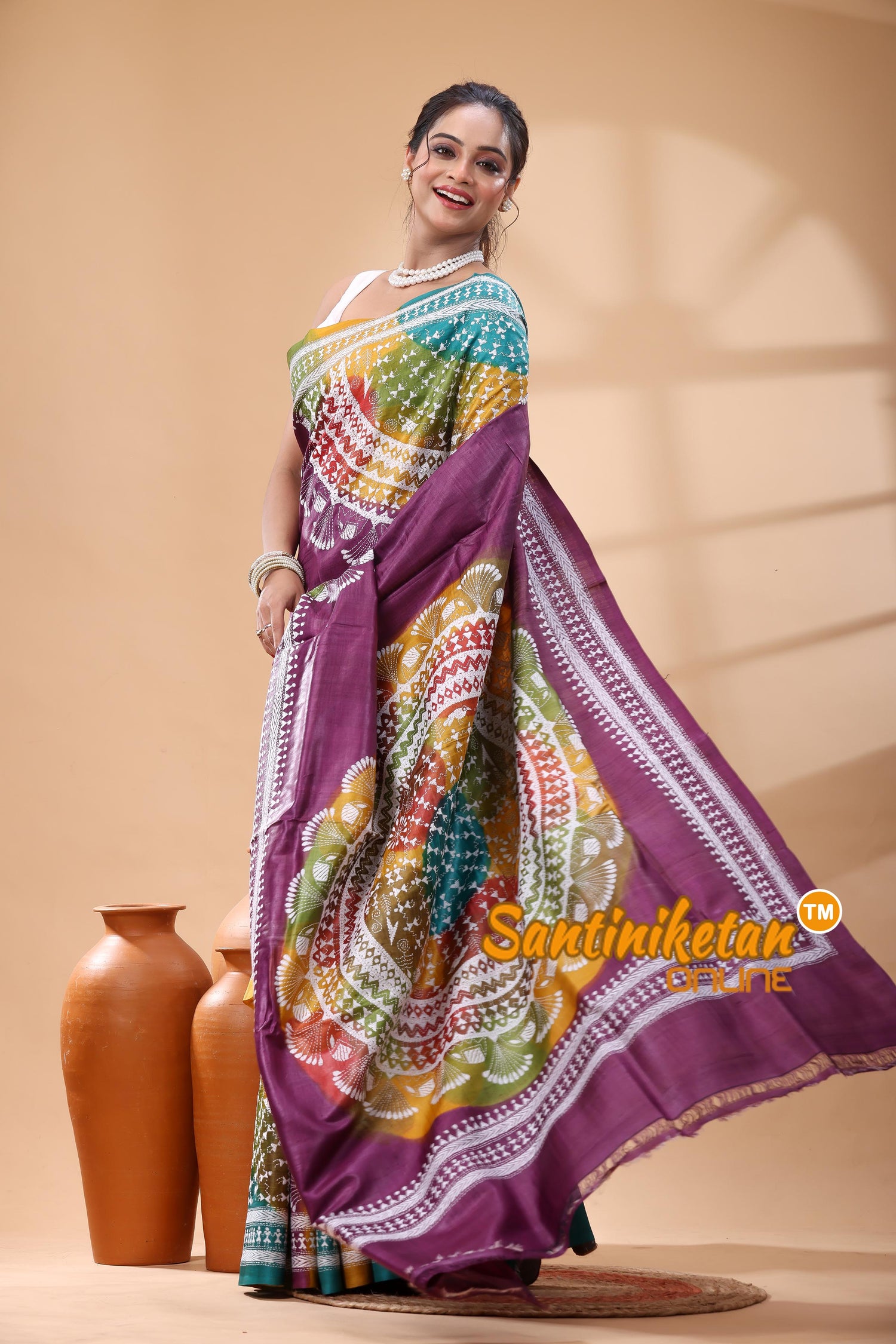 Pure Gachi Dye Tussar Silk Kantha Stitch Saree