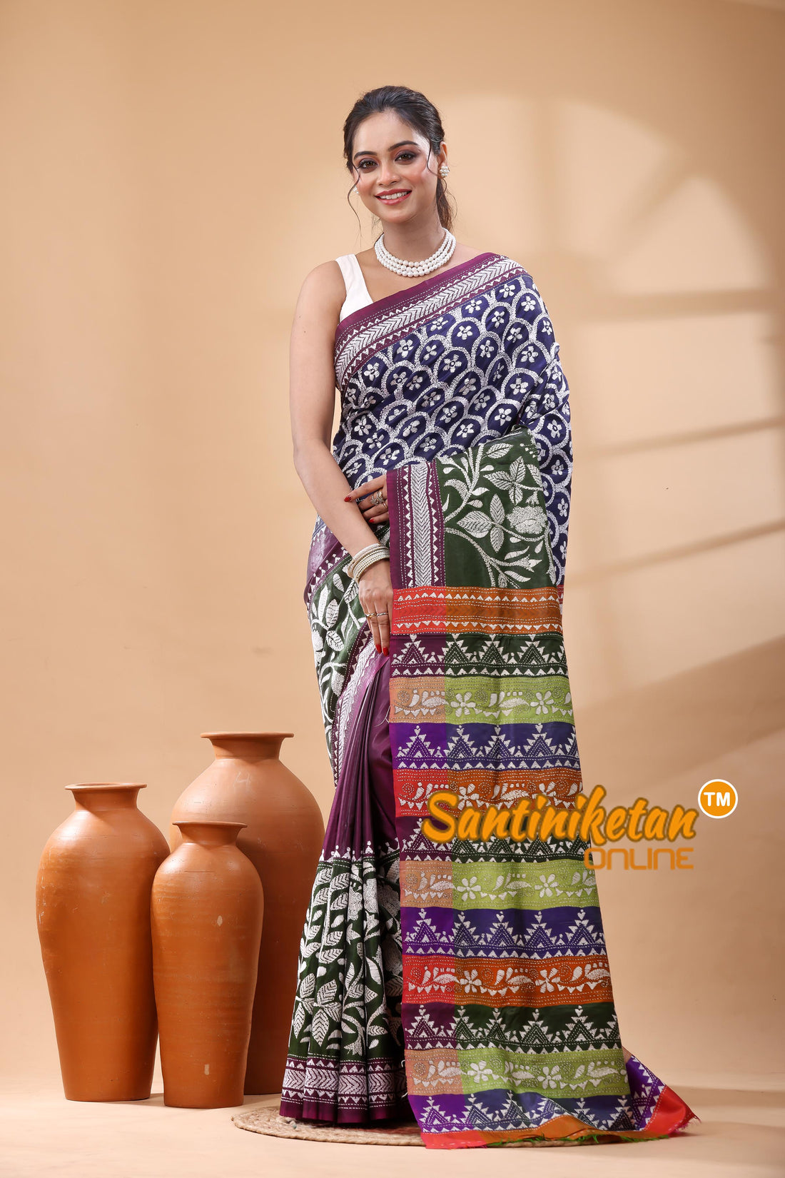 Bishnupuri (Katan) Silk Kantha Stitch Saree