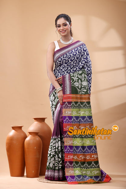Bishnupuri (Katan) Silk Kantha Stitch Saree