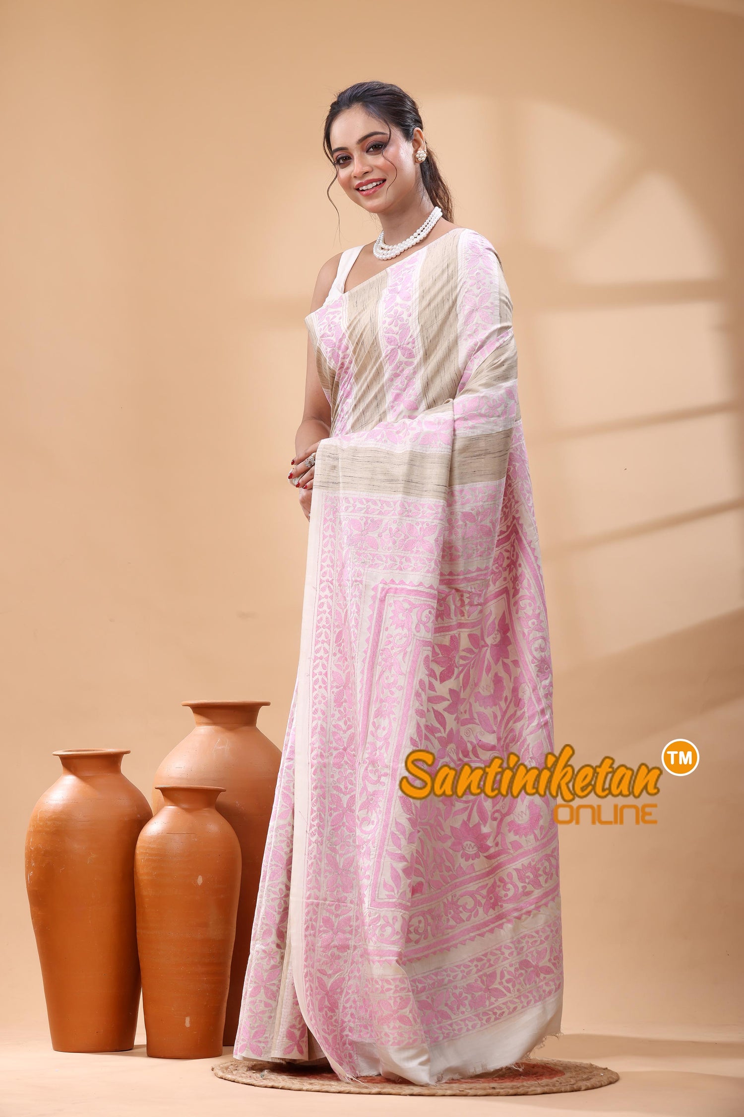 Bishnupuri (Katan) Silk Kantha Stitch Saree