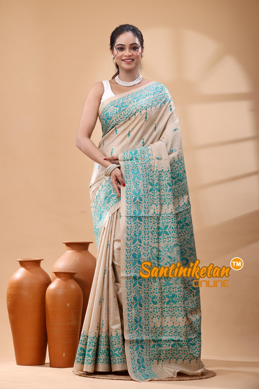 Pure Gachi Tussar Silk Kantha Stitch Saree