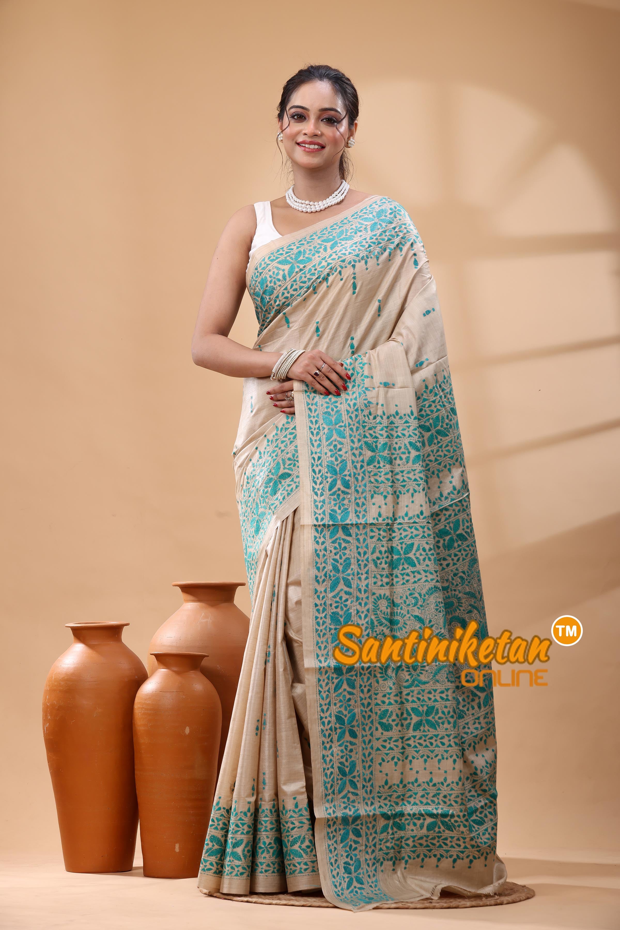 Pure Gachi Tussar Silk Kantha Stitch Saree