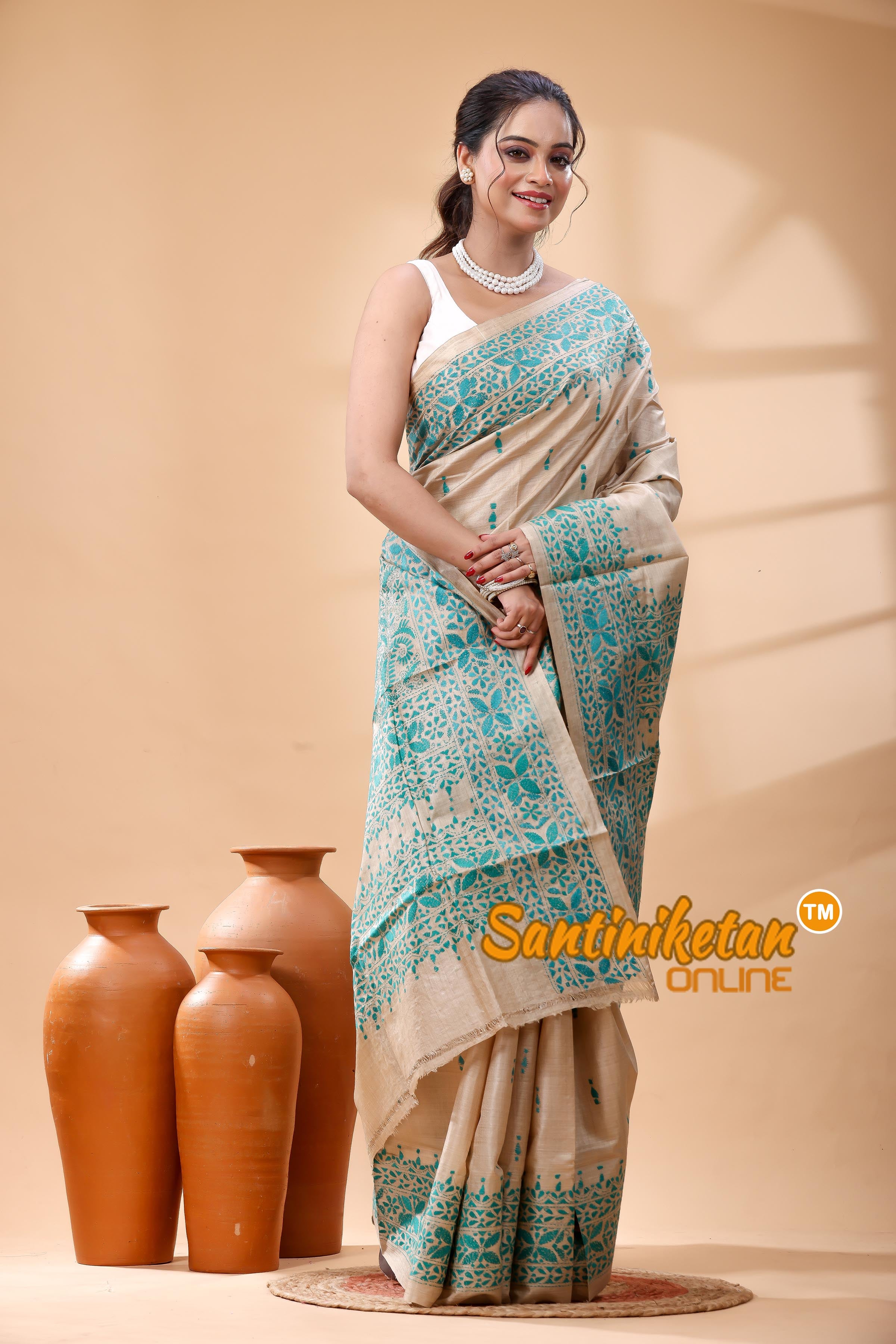 Pure Gachi Tussar Silk Kantha Stitch Saree