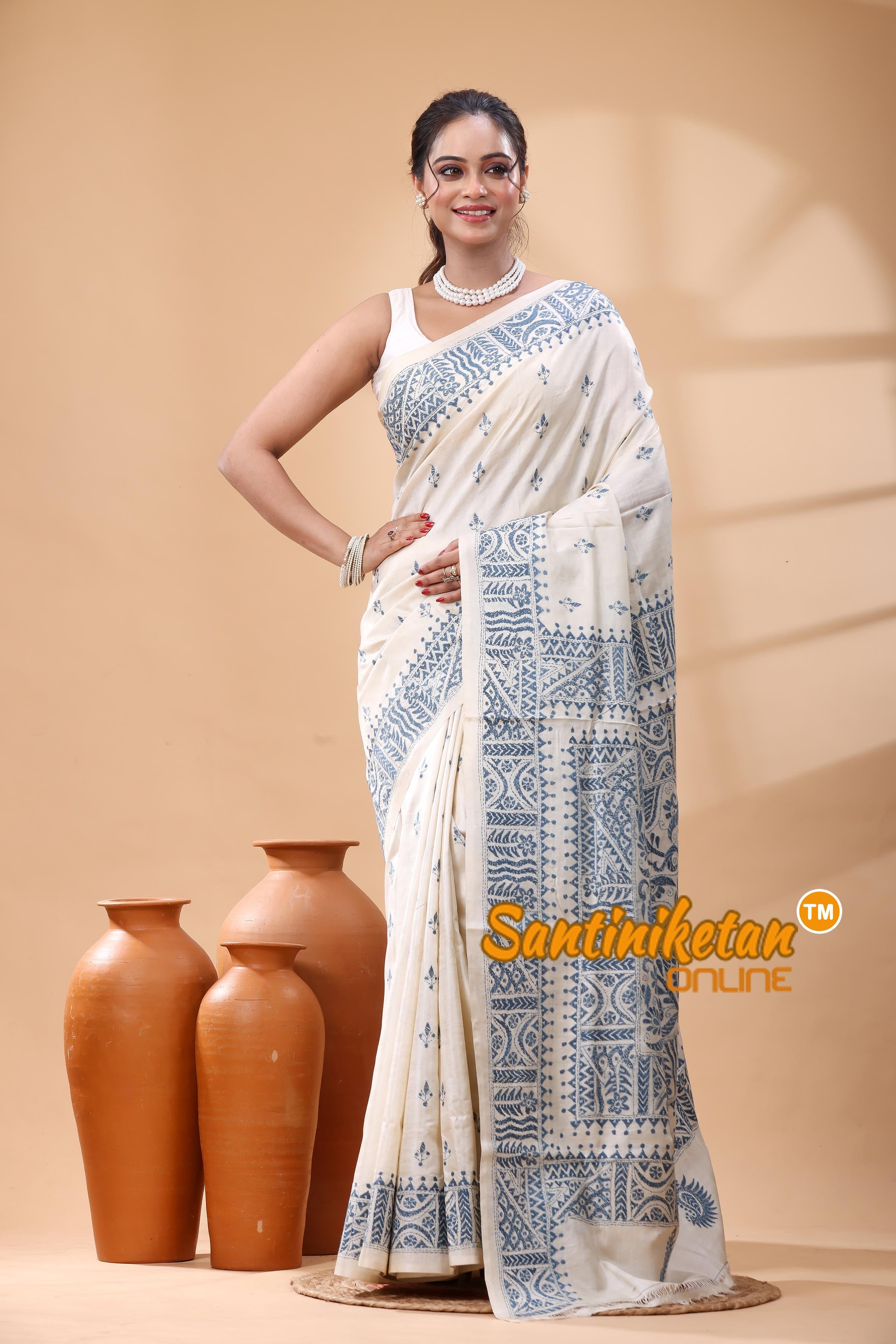 Pure Dye Tussar Silk Kantha Stitch Saree