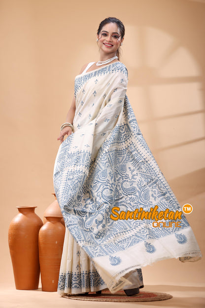 Pure Dye Tussar Silk Kantha Stitch Saree
