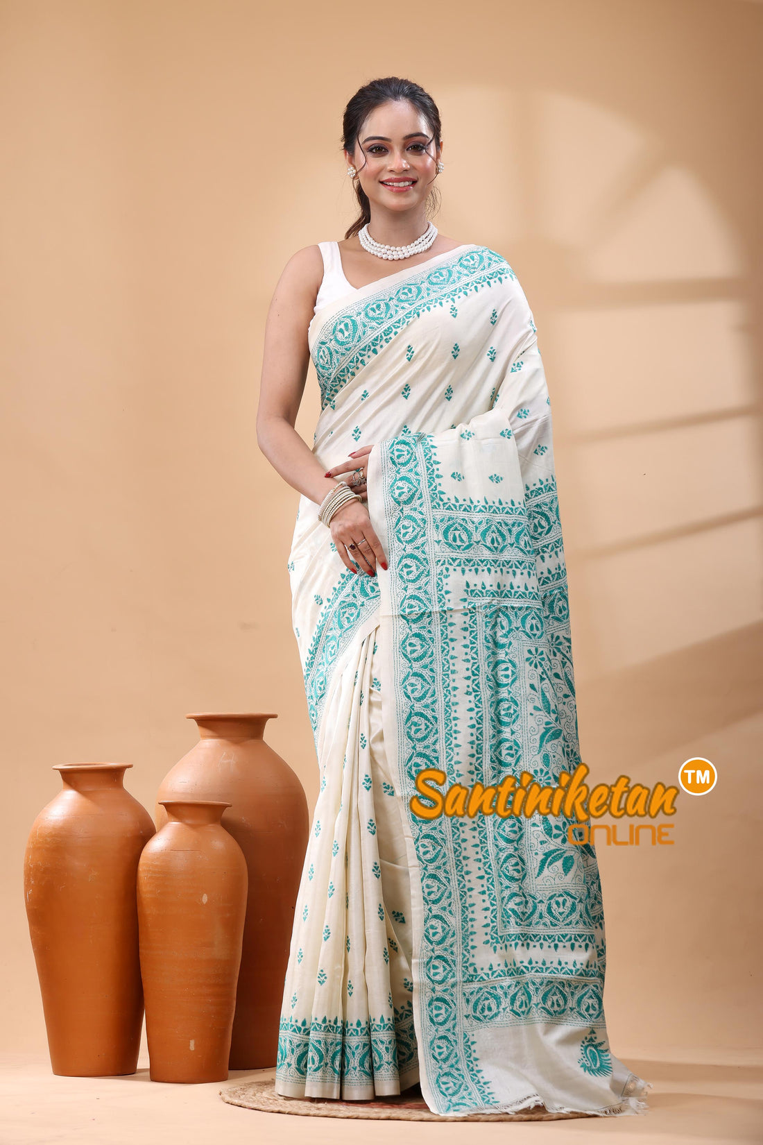 Pure Tussar Silk Kantha Stitch Saree