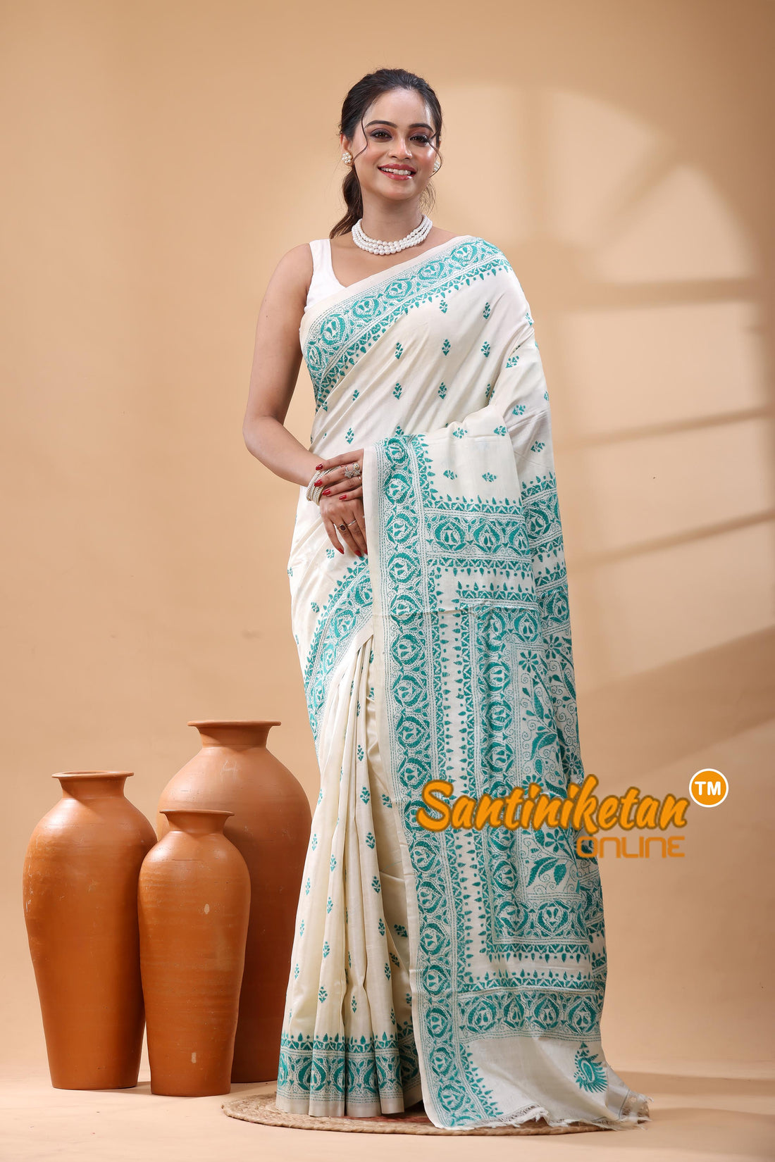 Pure Tussar Silk Kantha Stitch Saree