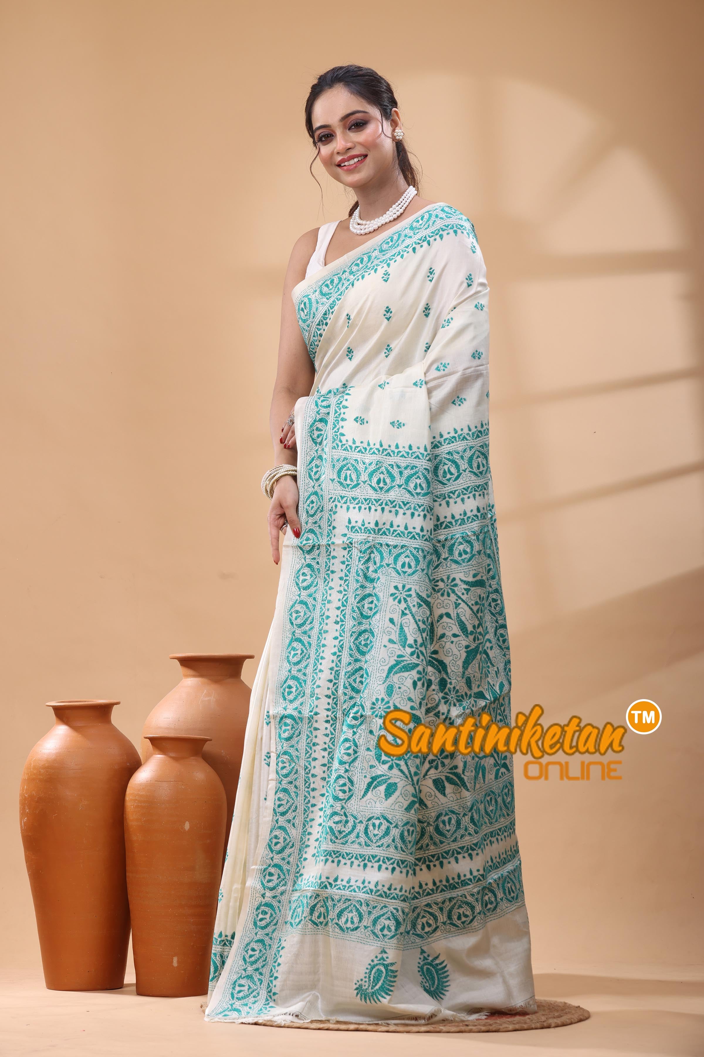 Pure Tussar Silk Kantha Stitch Saree