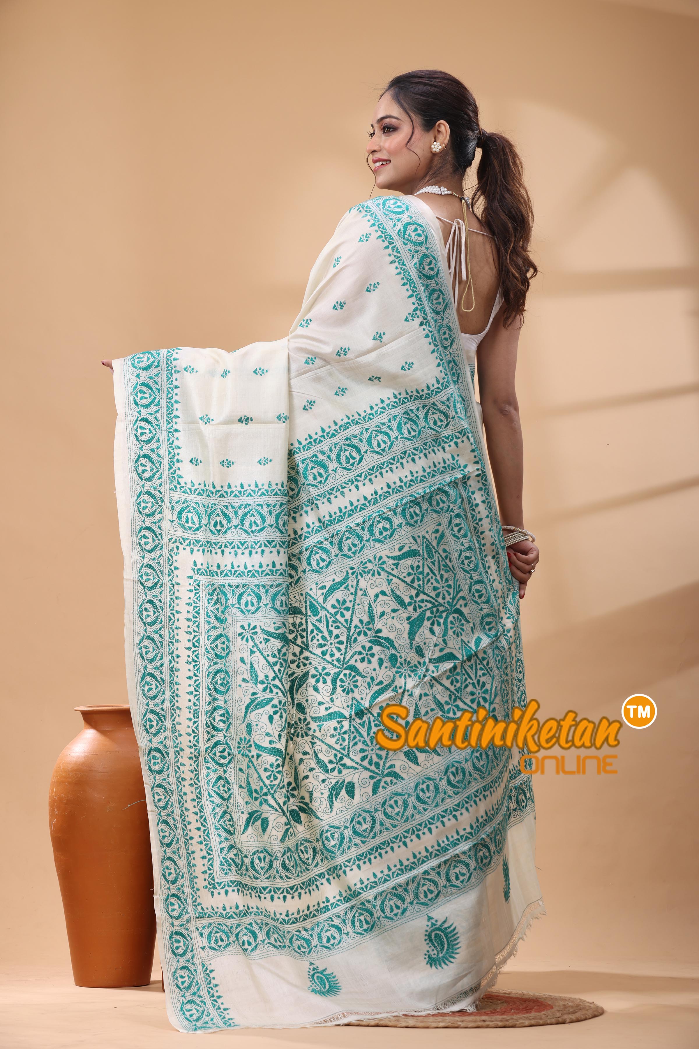 Pure Tussar Silk Kantha Stitch Saree