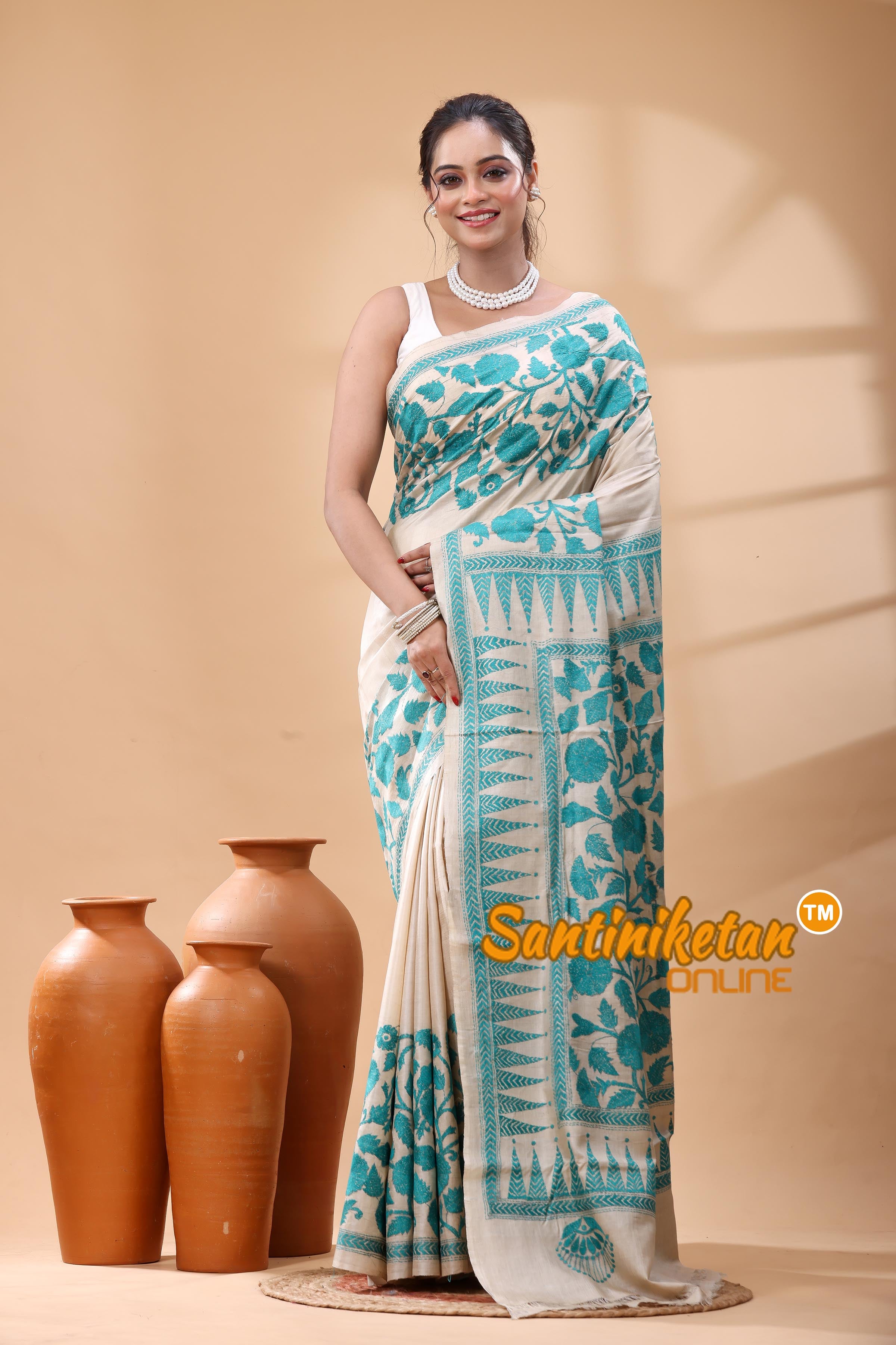 Pure Gachi Tussar Silk Kantha Stitch Saree