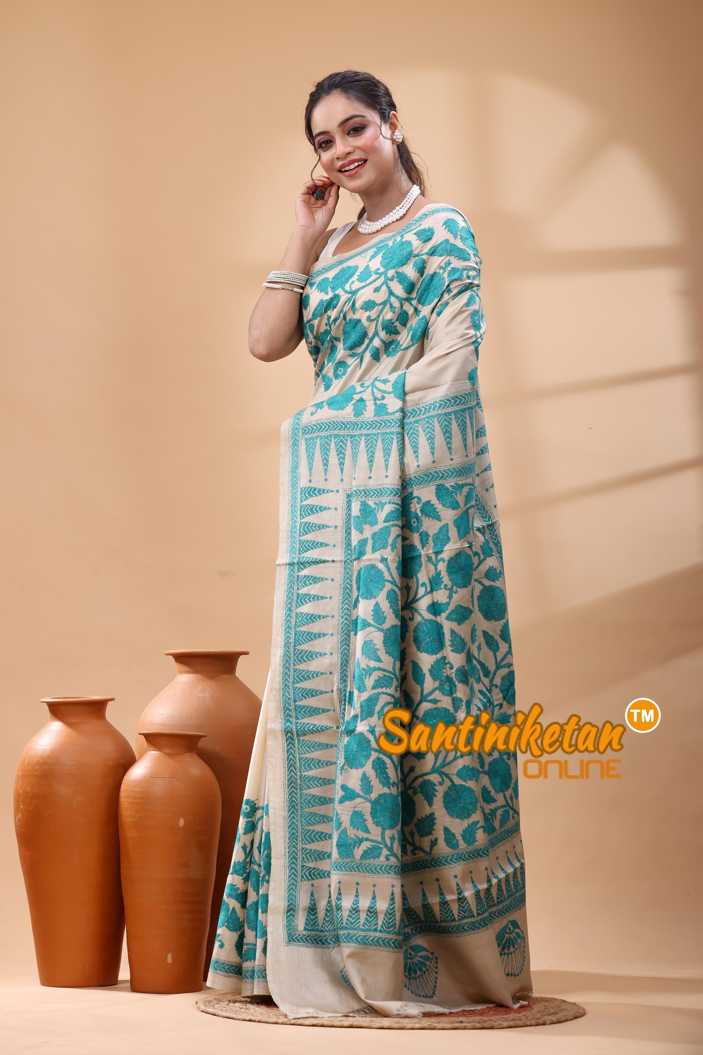 Pure Gachi Tussar Silk Kantha Stitch Saree