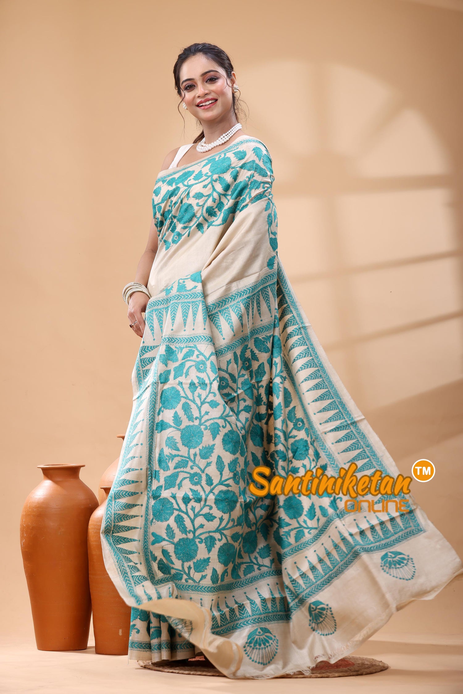 Pure Gachi Tussar Silk Kantha Stitch Saree