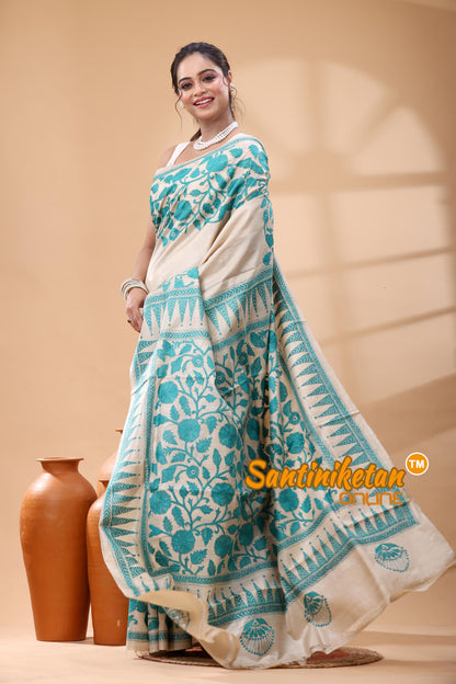 Pure Gachi Tussar Silk Kantha Stitch Saree