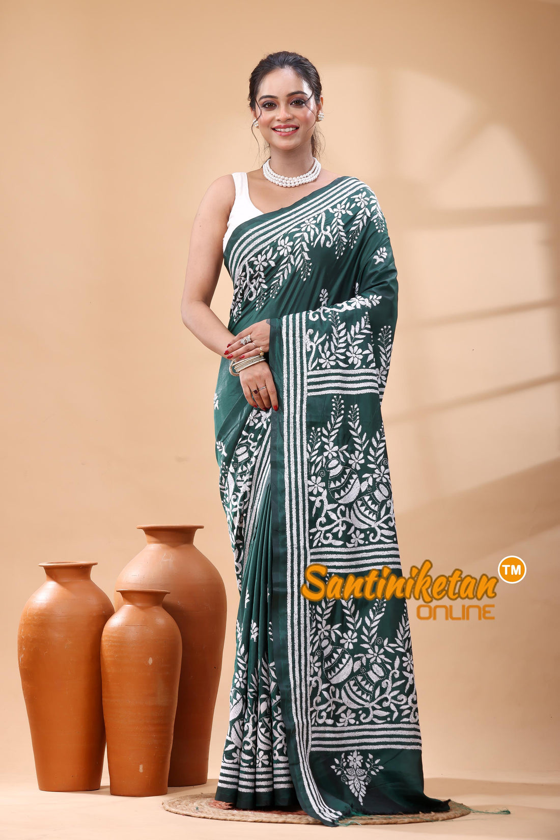 Bangalore Silk Kantha Stitch Saree