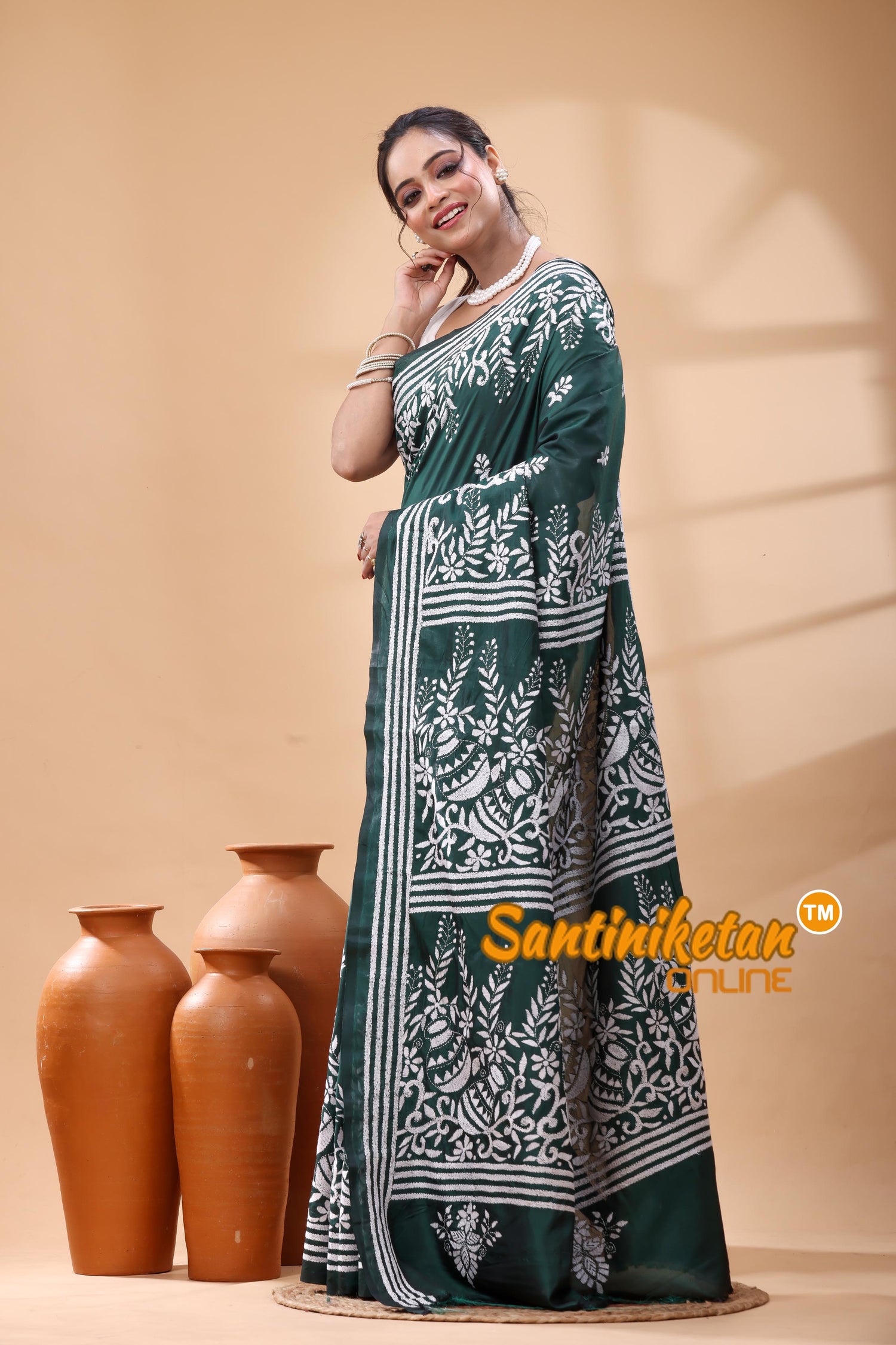 Bangalore Silk Kantha Stitch Saree