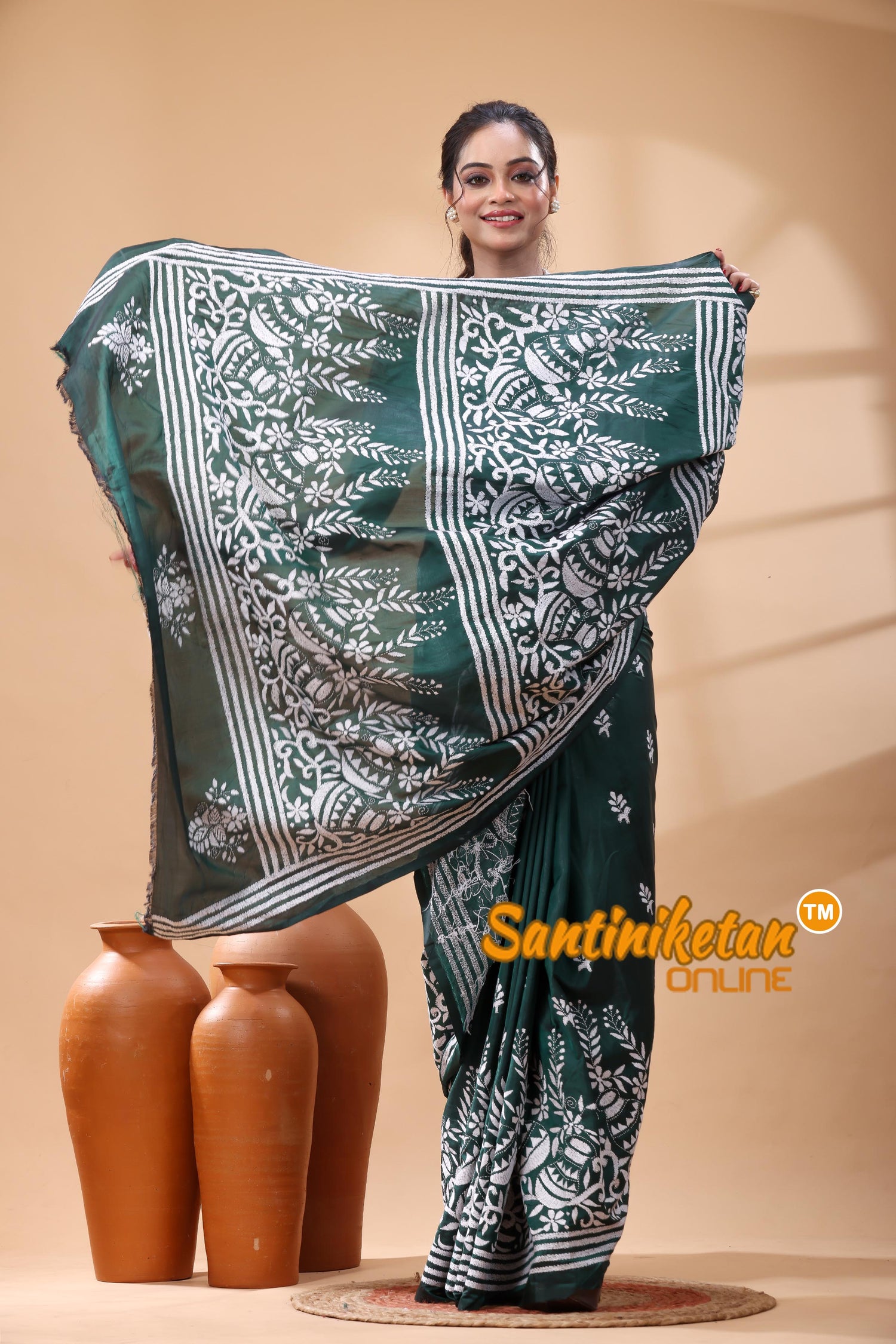 Bangalore Silk Kantha Stitch Saree