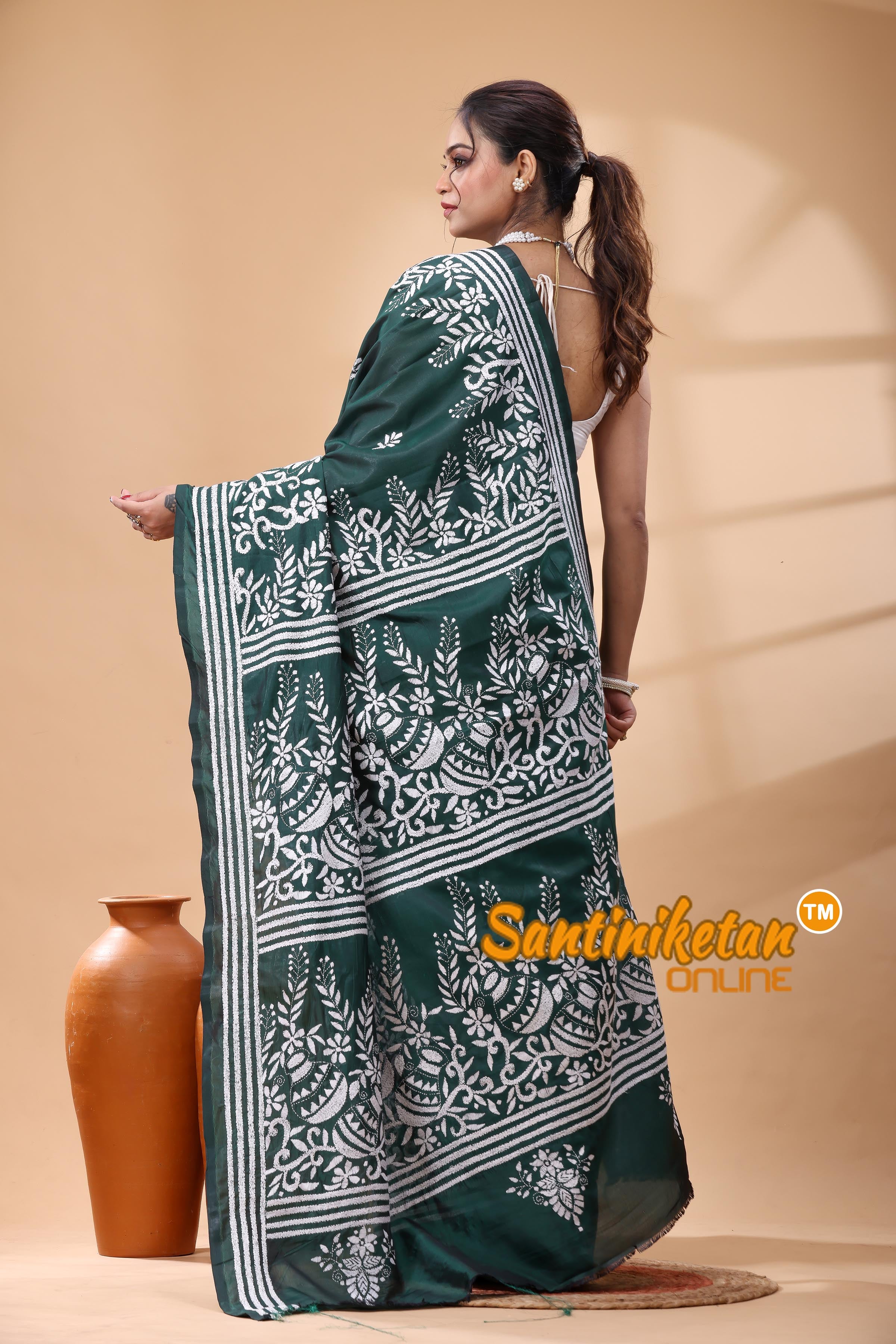 Bangalore Silk Kantha Stitch Saree