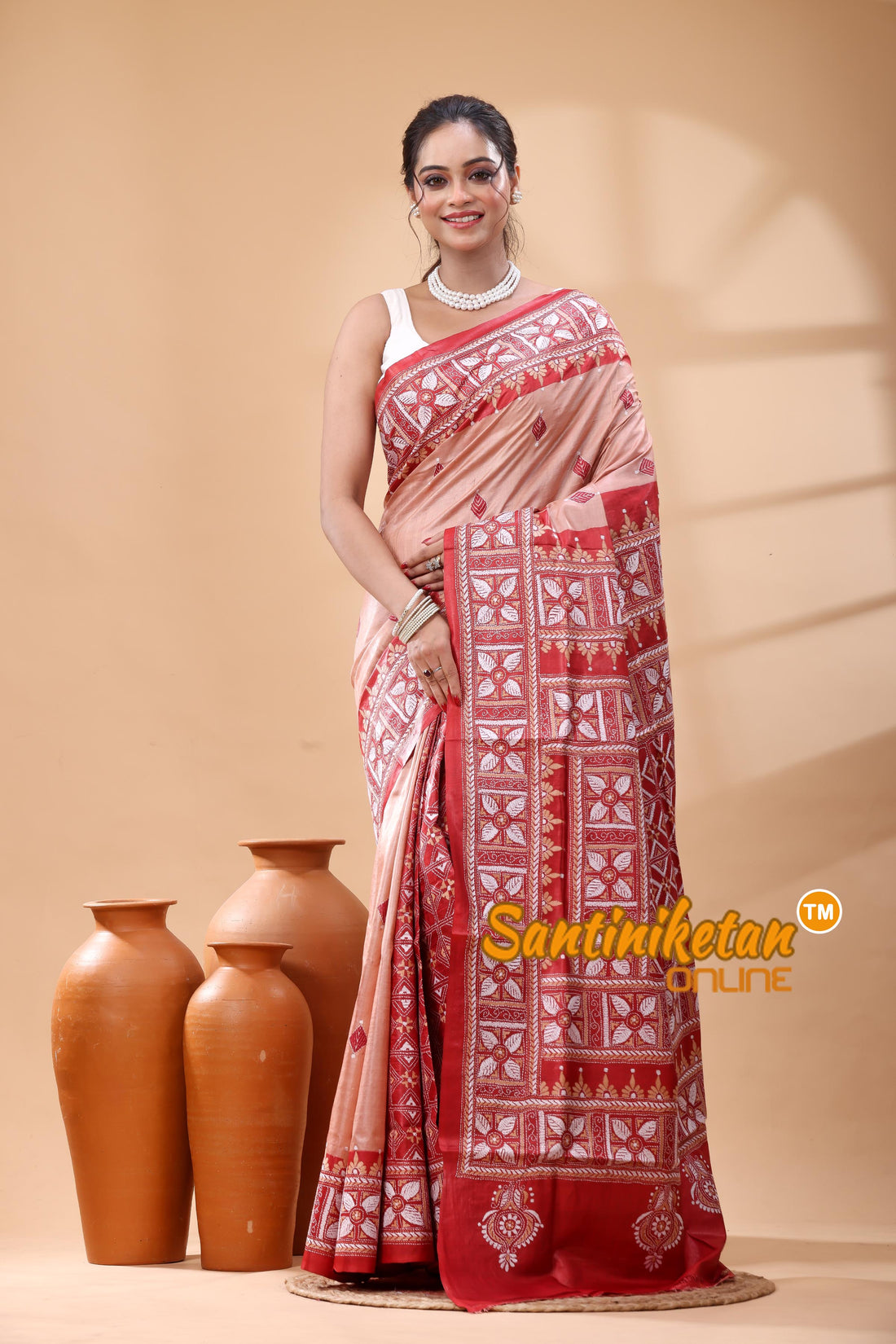 Pure Gachi Dye Tussar Silk Kantha Stitch Saree