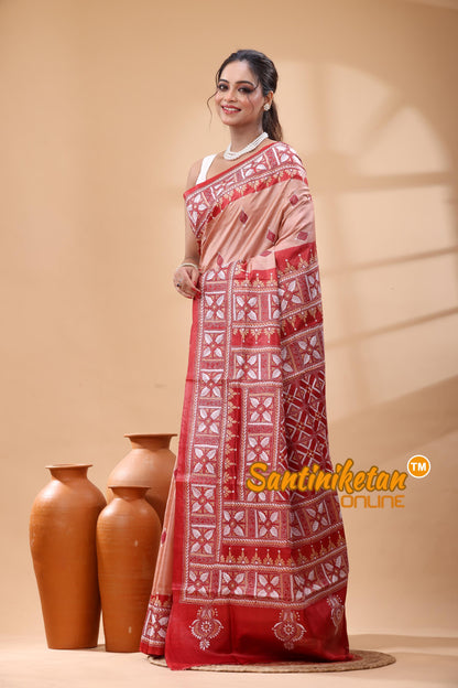 Pure Gachi Dye Tussar Silk Kantha Stitch Saree