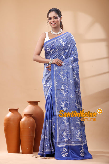 Pure Gachi Dye Tussar Silk Kantha Stitch Saree