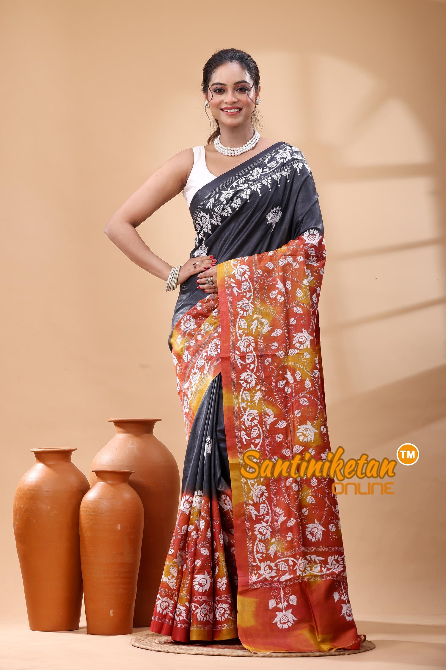 Pure Gachi Dye Tussar Silk Kantha Stitch Saree