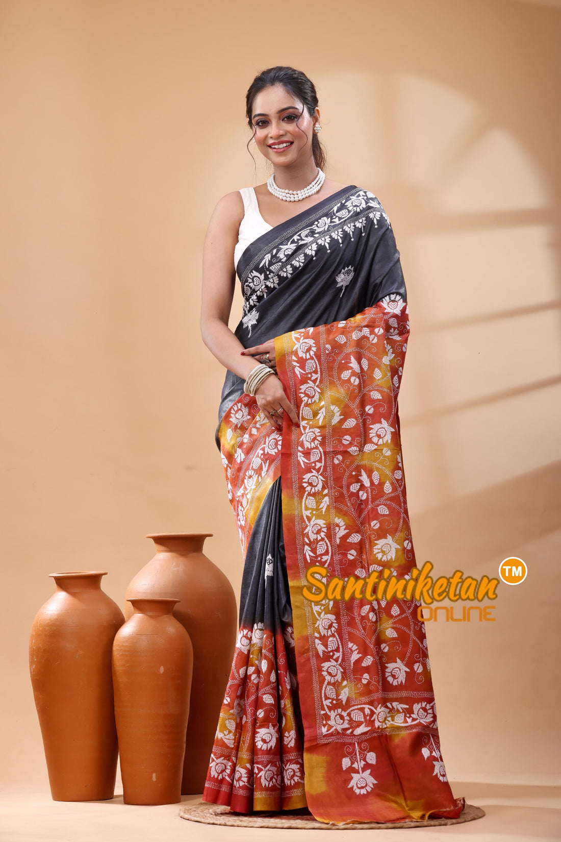 Pure Gachi Dye Tussar Silk Kantha Stitch Saree