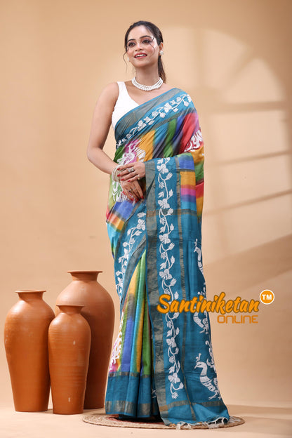 Pure Dye Tussar Silk Kantha Stitch Saree