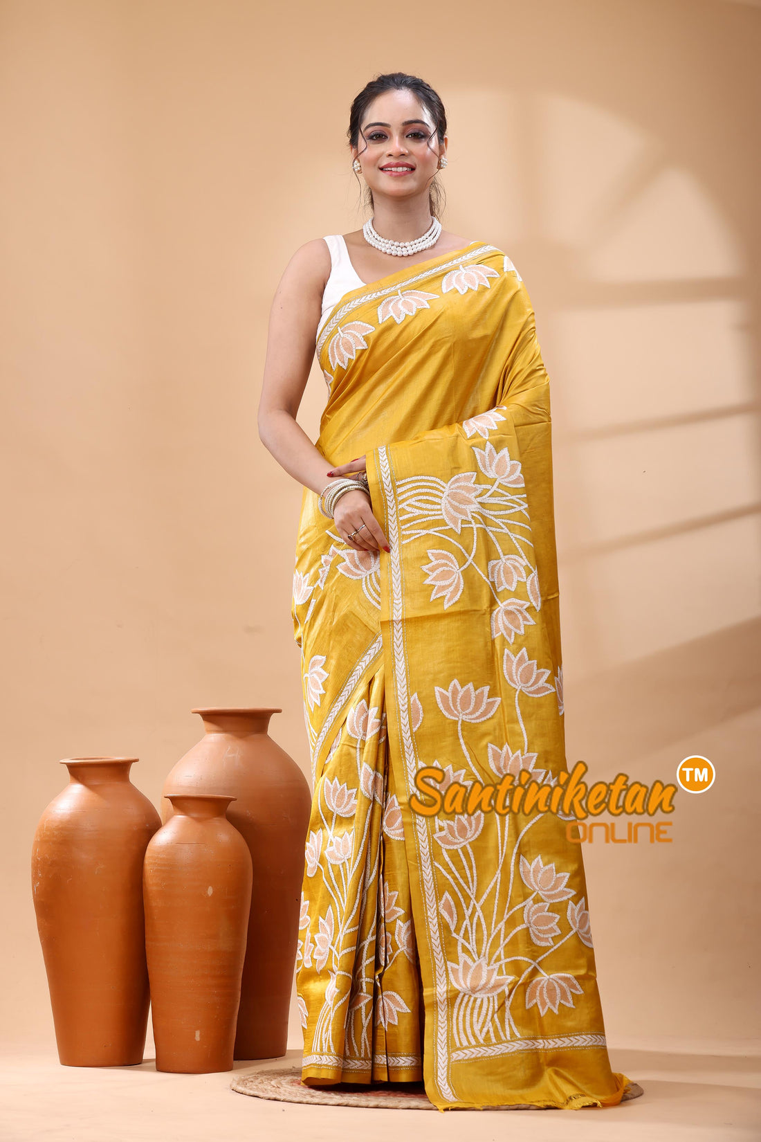 Pure Gachi Dye Tussar Silk Kantha Stitch Saree