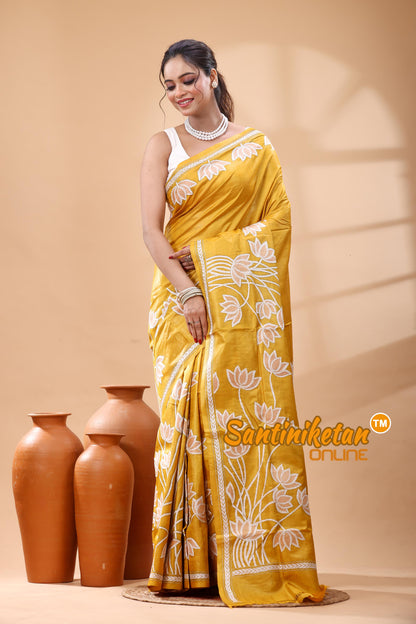 Pure Gachi Dye Tussar Silk Kantha Stitch Saree