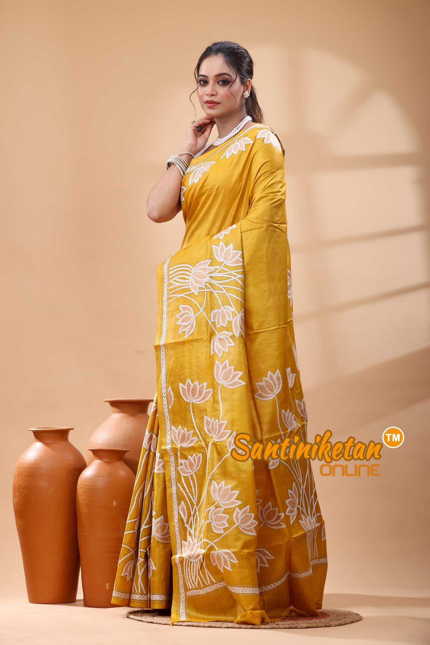 Pure Gachi Dye Tussar Silk Kantha Stitch Saree