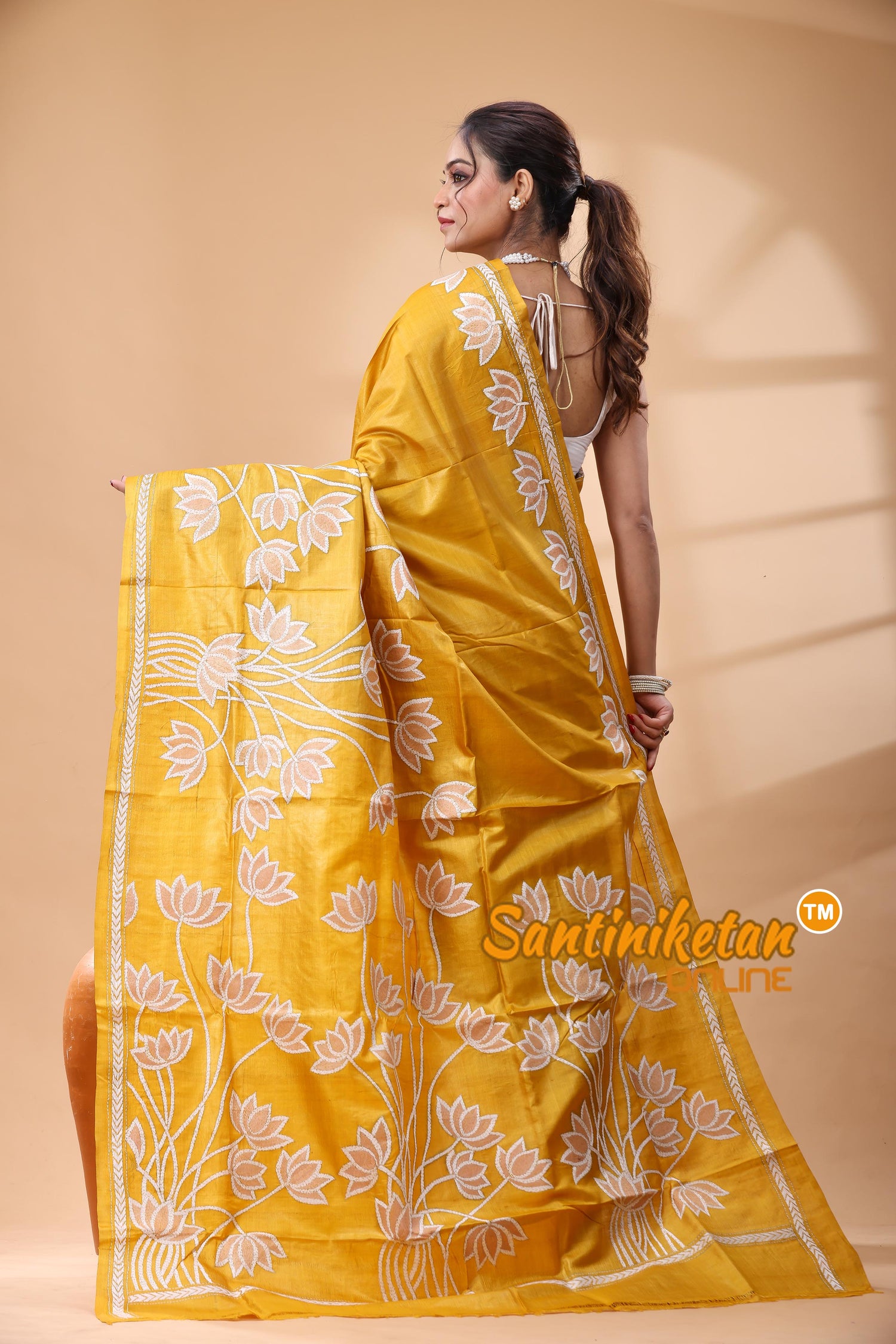 Pure Gachi Dye Tussar Silk Kantha Stitch Saree