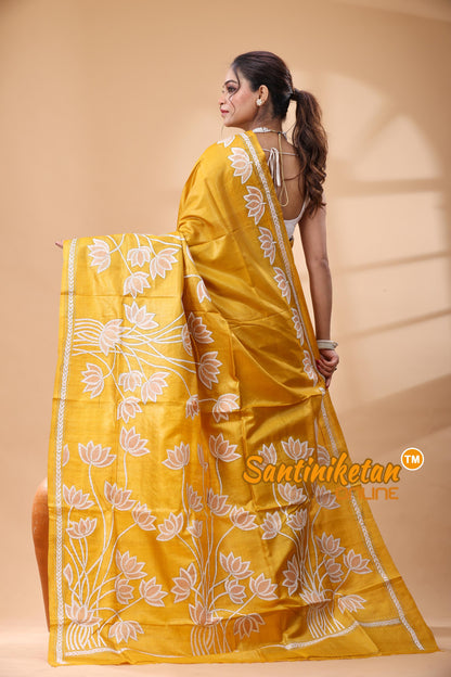 Pure Gachi Dye Tussar Silk Kantha Stitch Saree