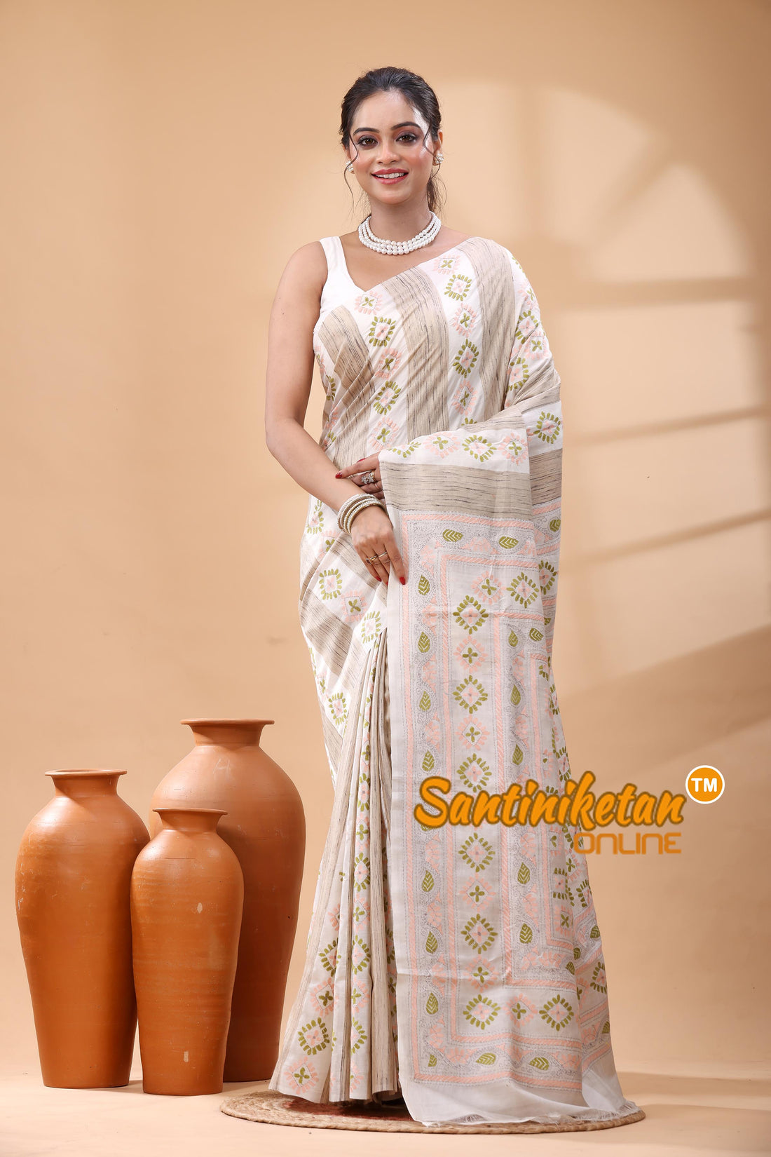 Bishnupuri (Katan) Silk Kantha Stitch Saree