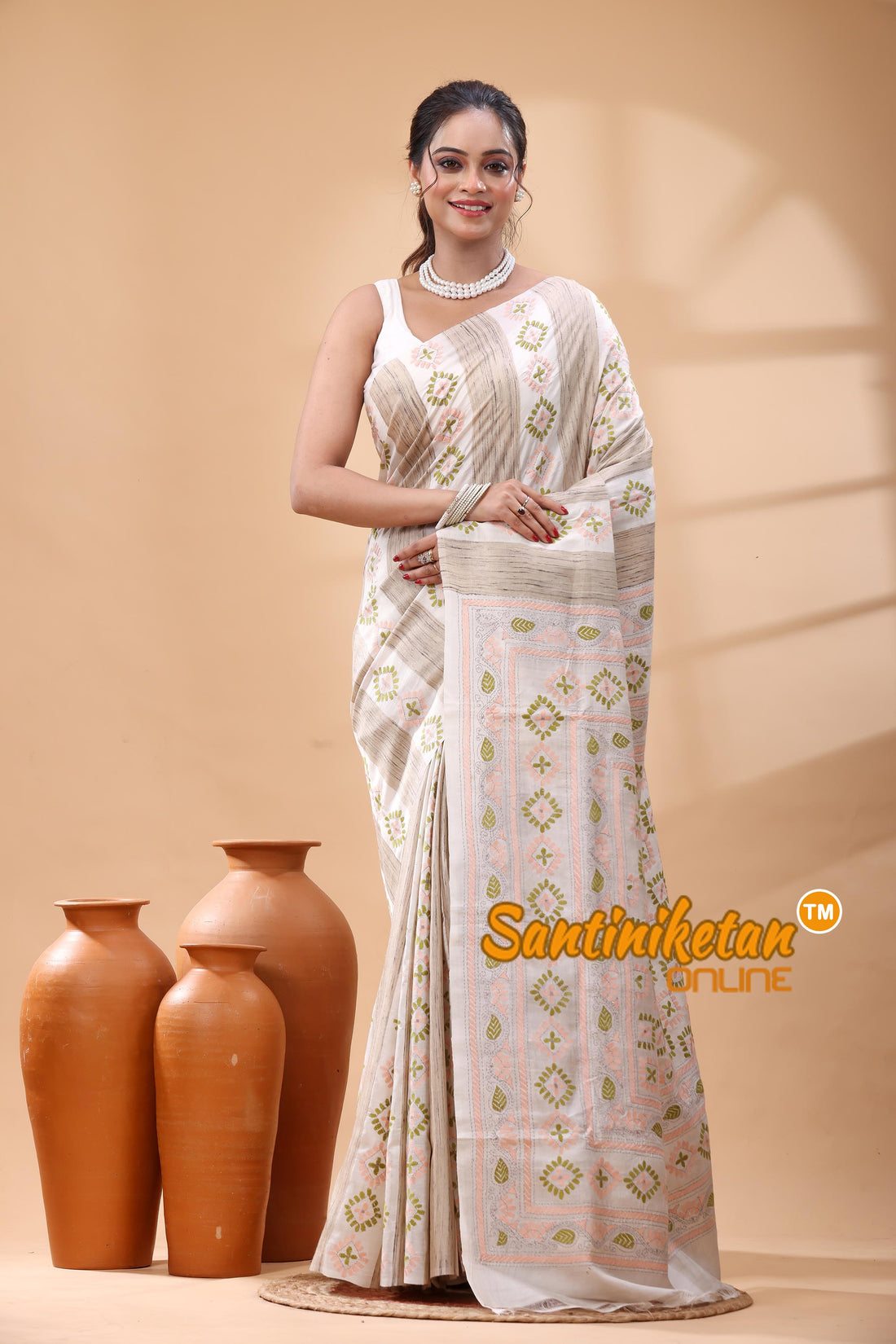 Bishnupuri (Katan) Silk Kantha Stitch Saree